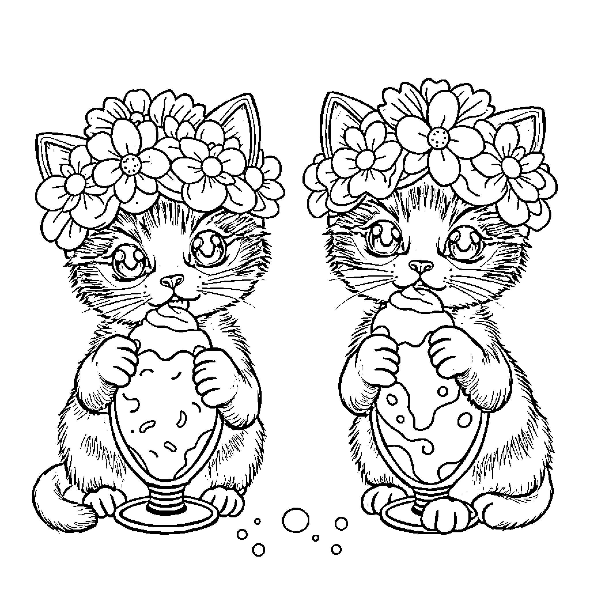Kitty Cats with Flower Crowns Coloring Page (free black-and-white line drawing printable PDF for all, from beginners to advanced learners, including children, teens, adults, and seniors)