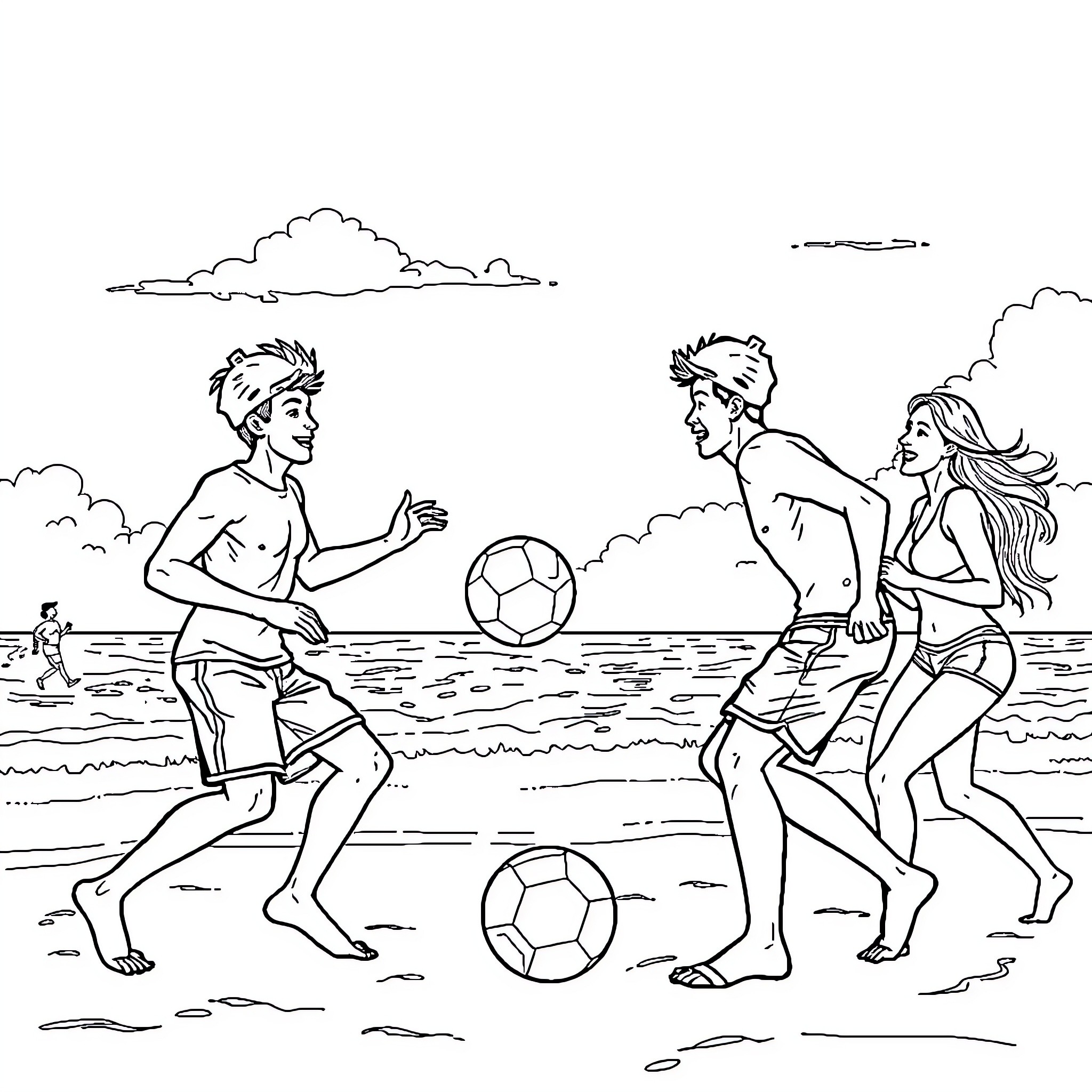 Volleyball game on the beach with friends Coloring Page (free black-and-white line drawing printable PDF for all, from beginners to advanced learners, including children, teens, adults, and seniors)