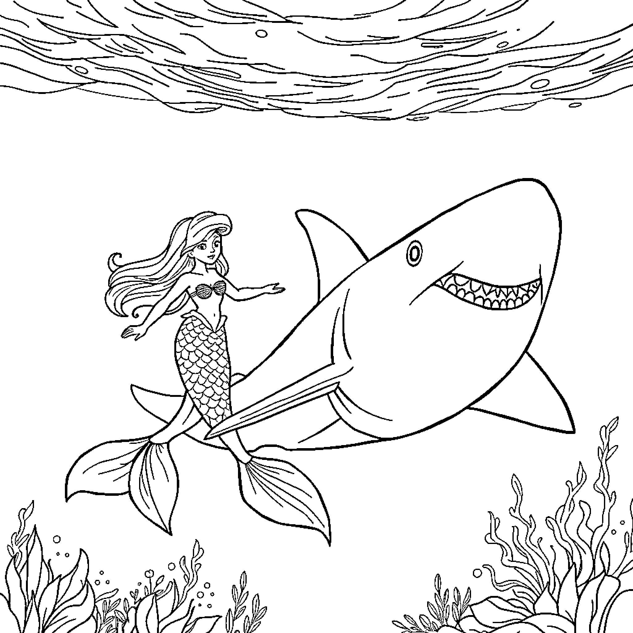 Mermaid riding a fearsome shark in the ocean Coloring Page (free black-and-white line drawing printable PDF for all, from beginners to advanced learners, including children, teens, adults, and seniors)