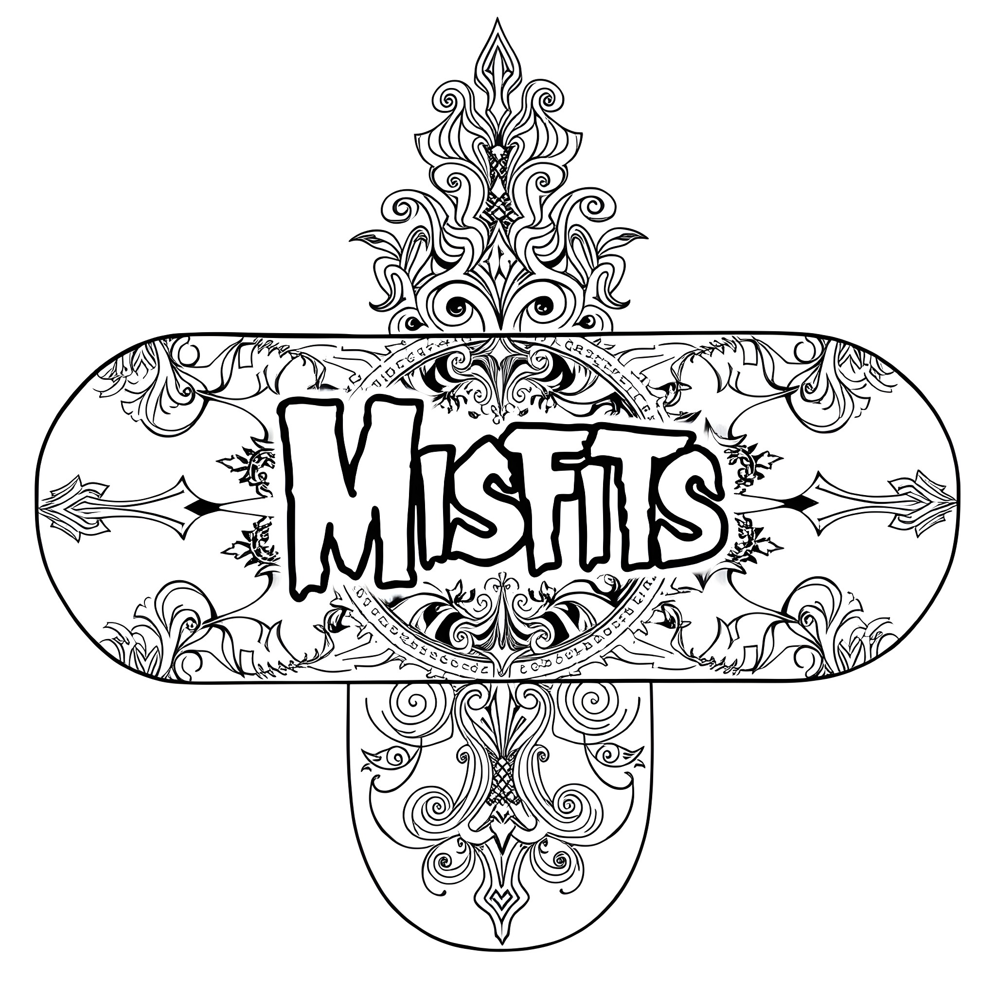 Skateboard with ornate and decorative elements Coloring Page (free black-and-white line drawing printable PDF for all, from beginners to advanced learners, including children, teens, adults, and seniors)