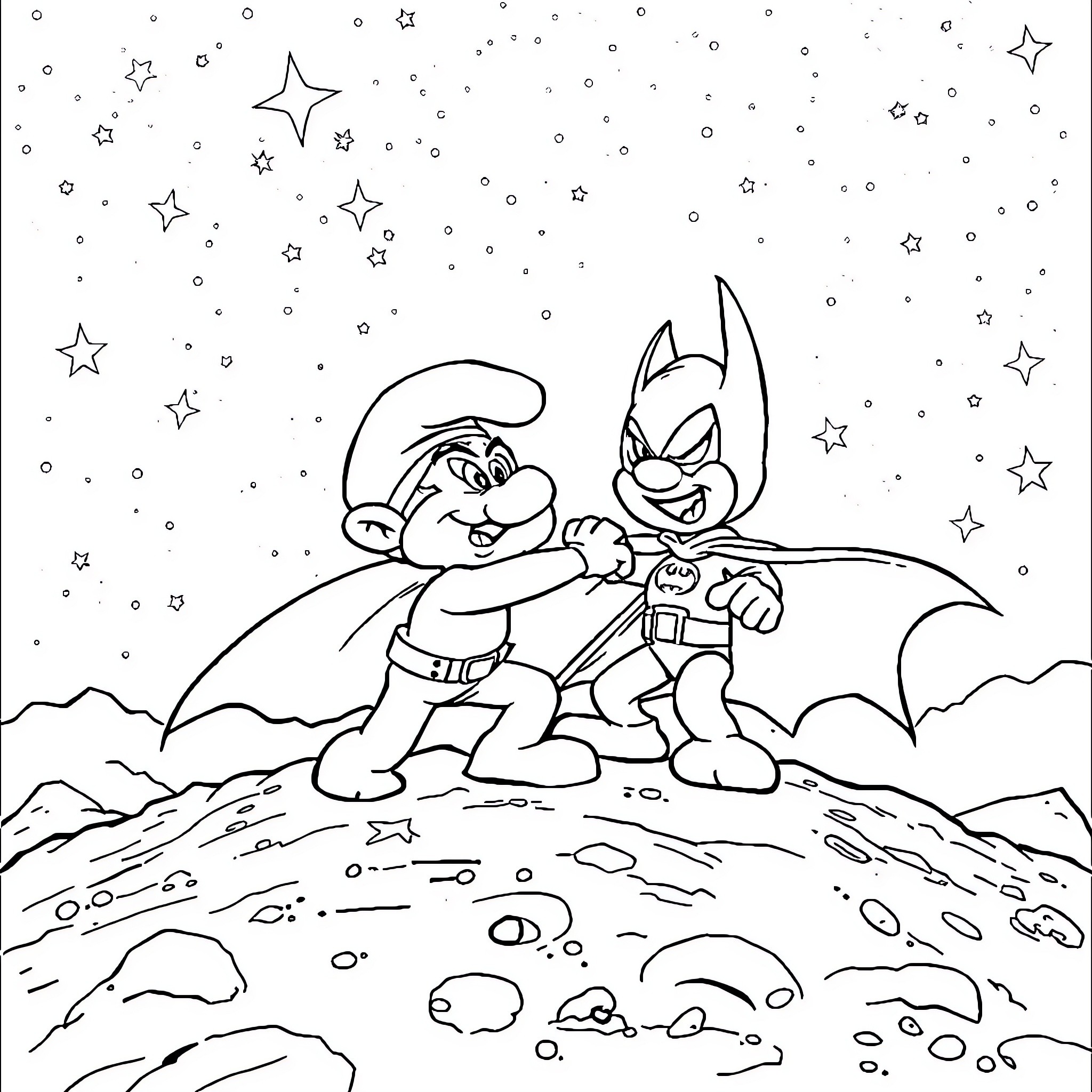 Papa Smurf and Bat Smurfling on Starry Night Adventure Coloring Page (free black-and-white line drawing printable PDF for all, from beginners to advanced learners, including children, teens, adults, and seniors)