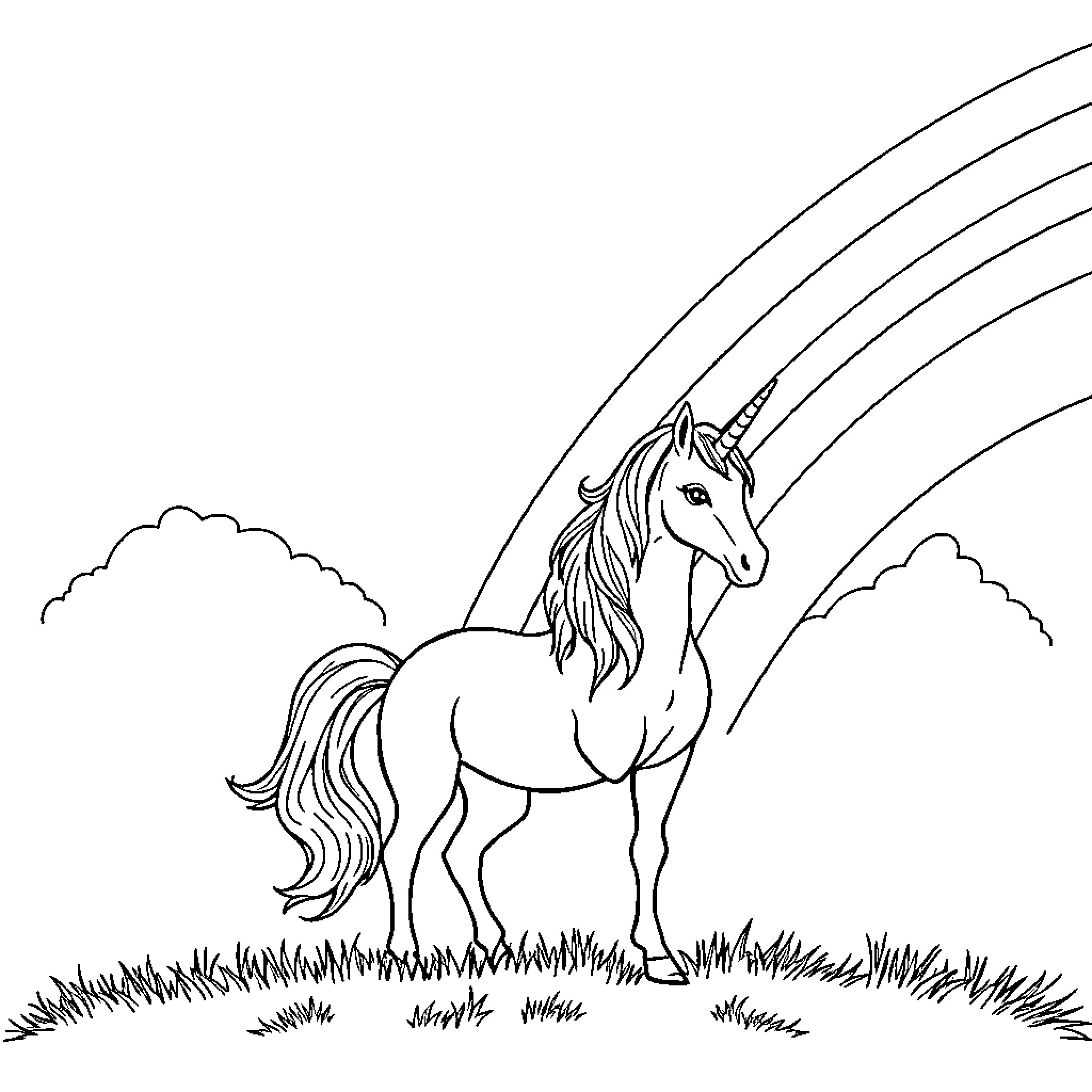 Unicorn trotting through a grassy field Coloring Page (free black-and-white line drawing printable PDF for all, from beginners to advanced learners, including children, teens, adults, and seniors)