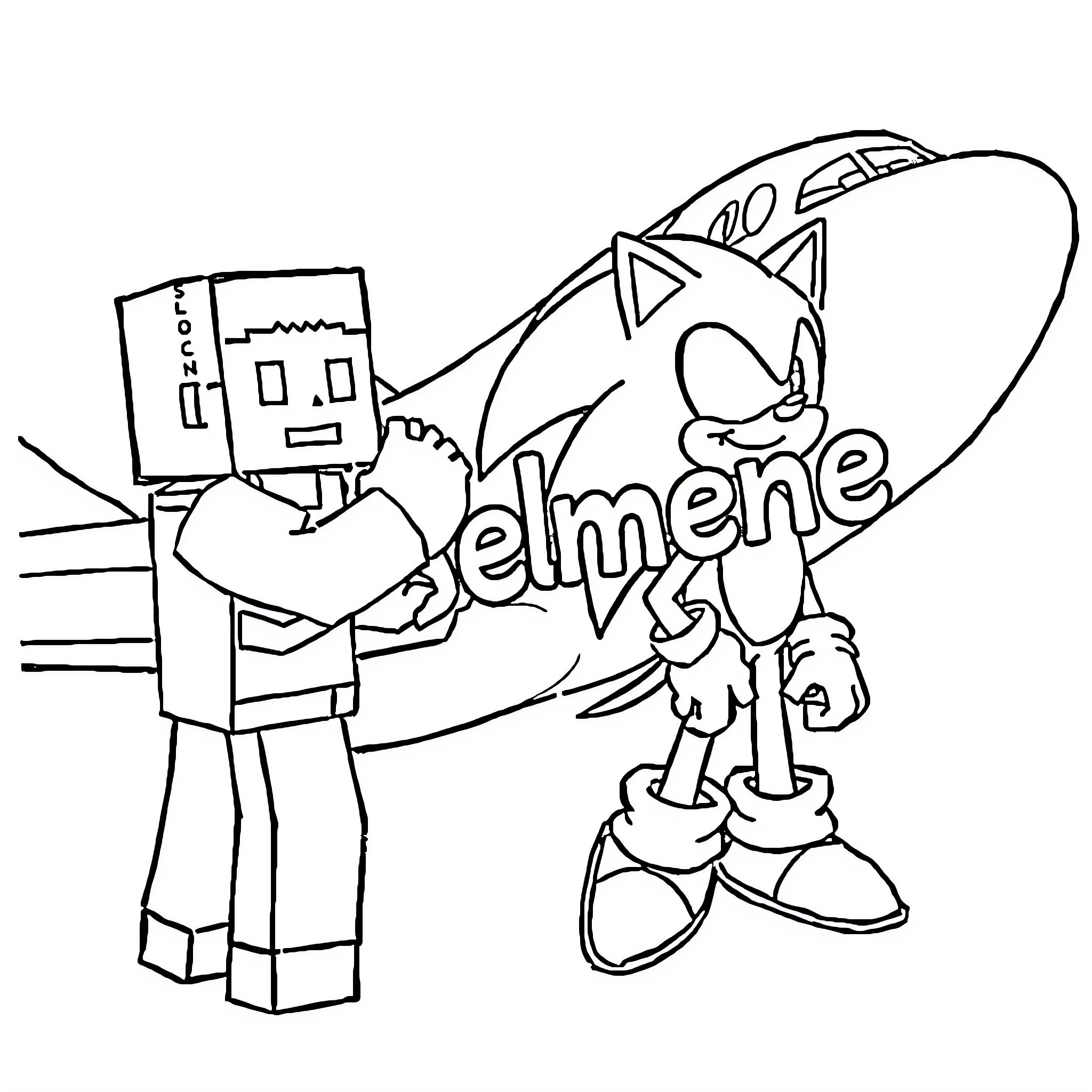 Minecraft characters in friendly encounter Coloring Page (free black-and-white line drawing printable PDF for all, from beginners to advanced learners, including children, teens, adults, and seniors)