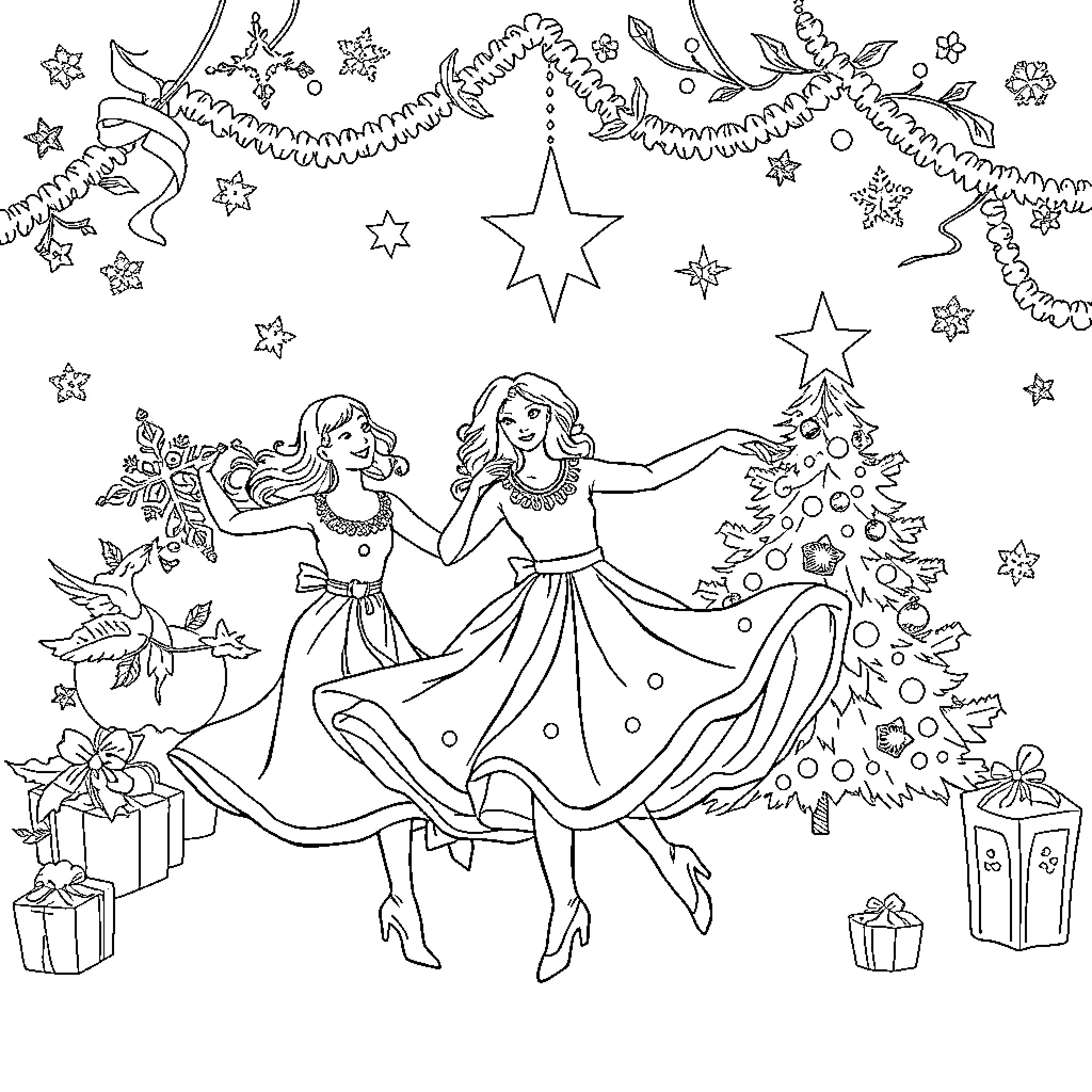 Nisser dancing joyfully near Christmas tree Coloring Page (free black-and-white line drawing printable PDF for all, from beginners to advanced learners, including children, teens, adults, and seniors)