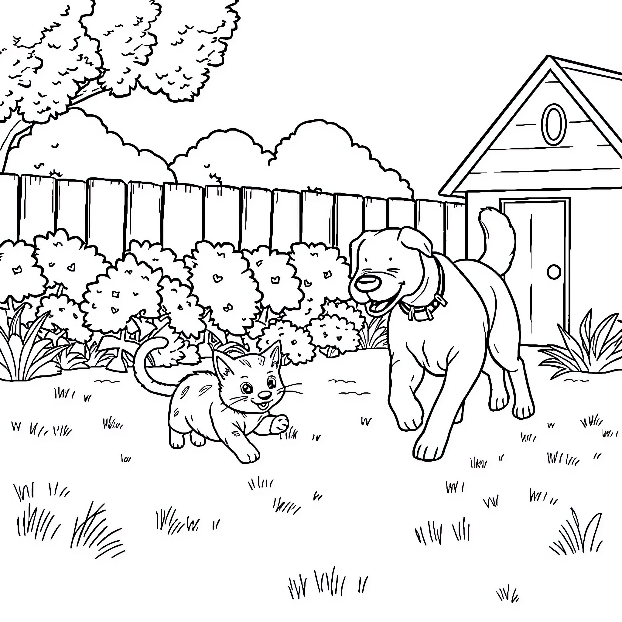 Cat and Kitten Exploring Backyard Garden Coloring Page (free black-and-white line drawing printable PDF for all, from beginners to advanced learners, including children, teens, adults, and seniors)