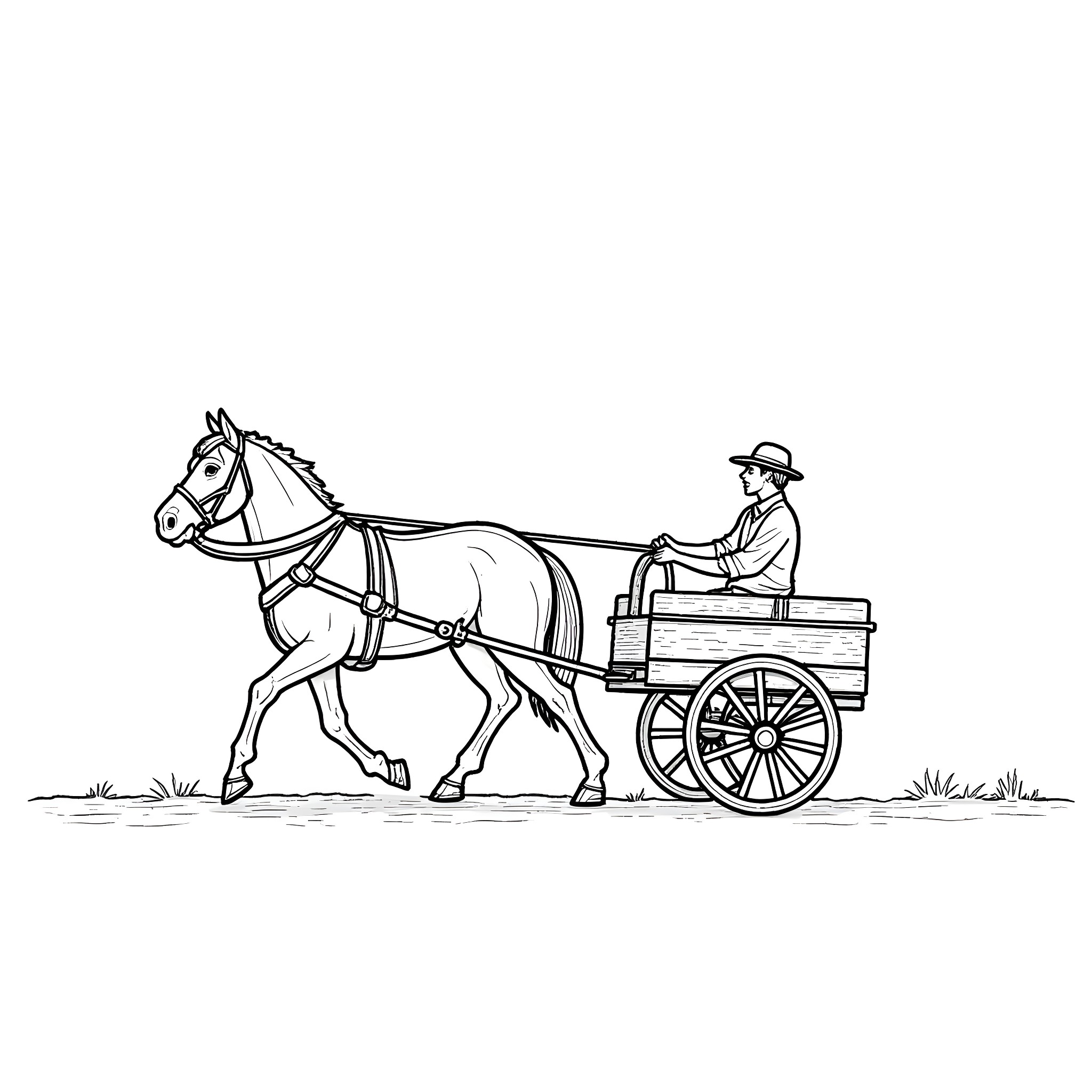 Man riding horse-drawn carriage in countryside Coloring Page (free black-and-white line drawing printable PDF for all, from beginners to advanced learners, including children, teens, adults, and seniors)