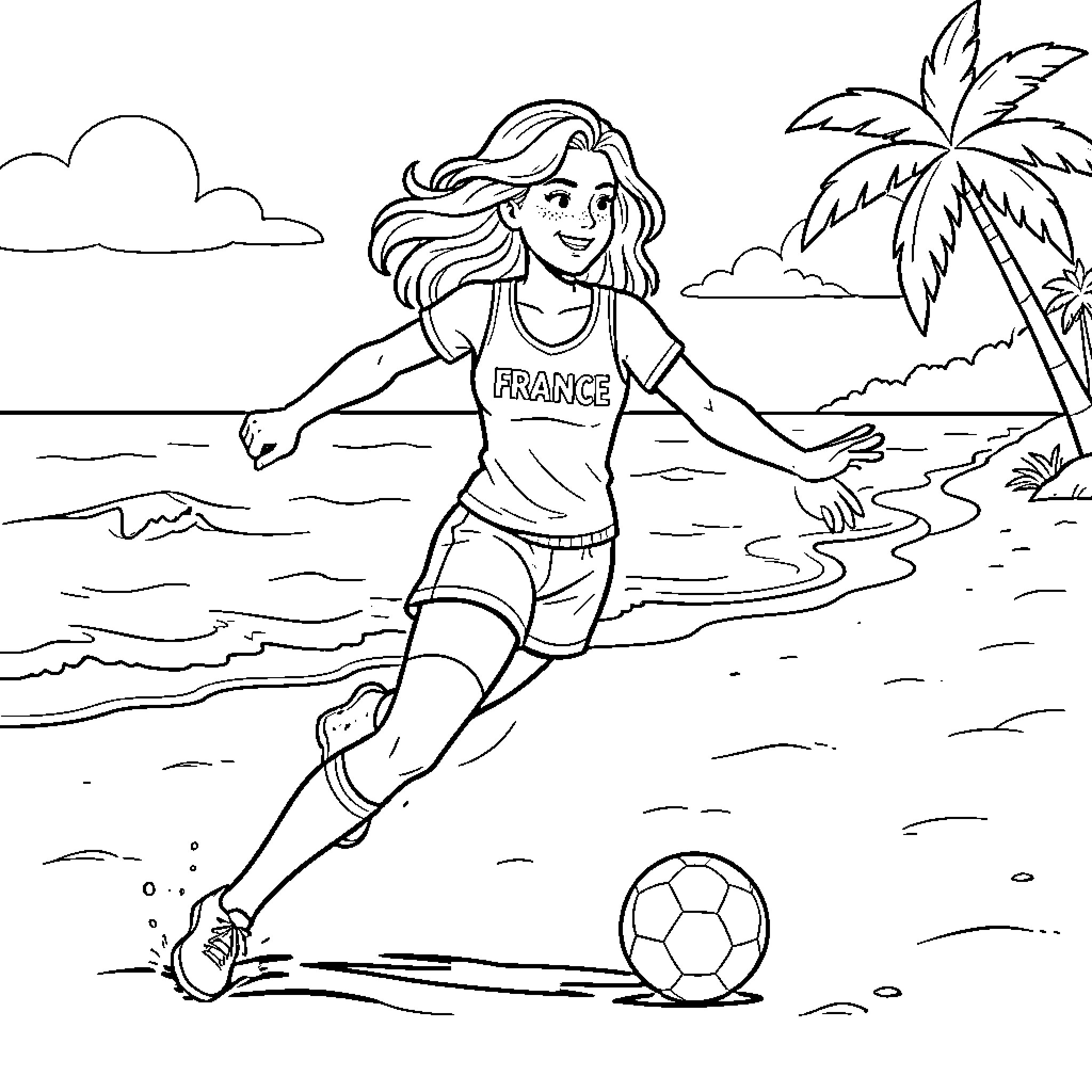 Miss France playing soccer on a tropical beach Coloring Page (free black-and-white line drawing printable PDF for all, from beginners to advanced learners, including children, teens, adults, and seniors)