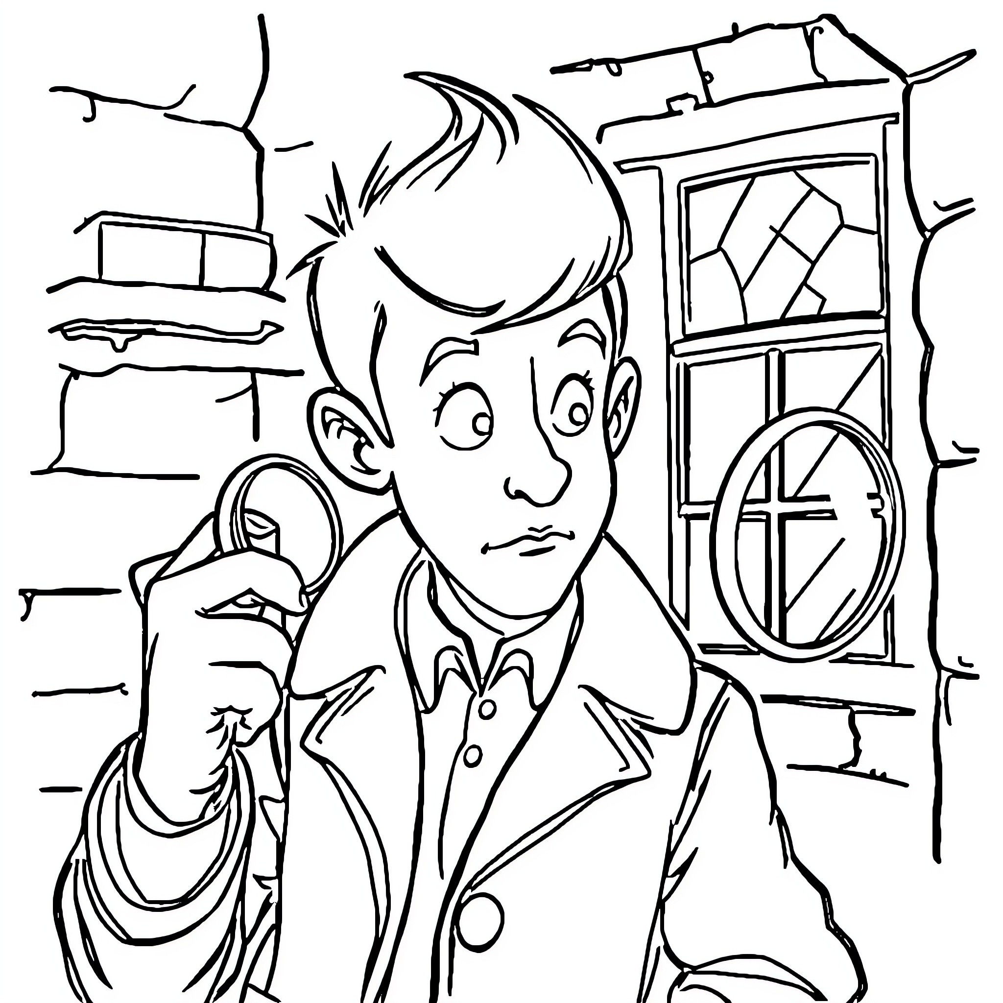 Tin Tin in a Thoughtful Moment Surrounded by Books Coloring Page (free black-and-white line drawing printable PDF for all, from beginners to advanced learners, including children, teens, adults, and seniors)