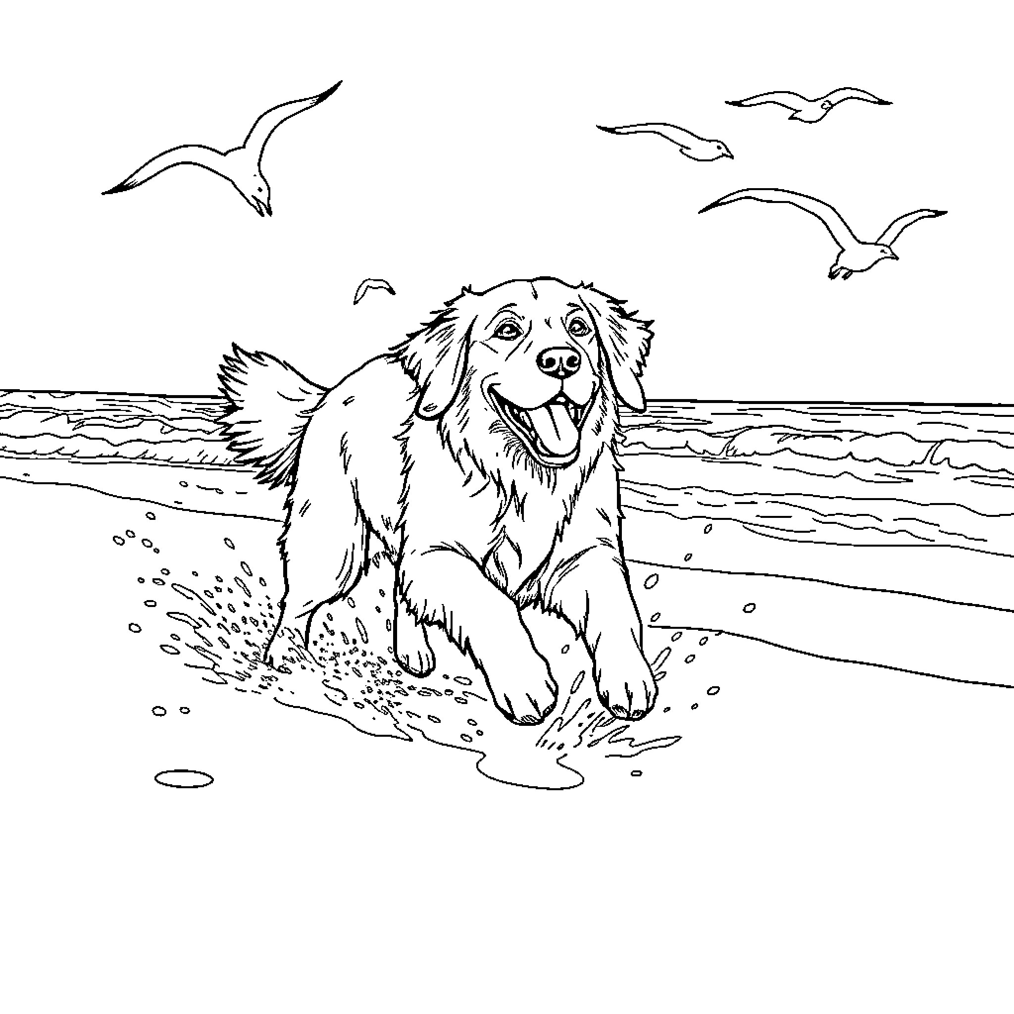 Retriever playing joyfully on the beach Coloring Page (free black-and-white line drawing printable PDF for all, from beginners to advanced learners, including children, teens, adults, and seniors)