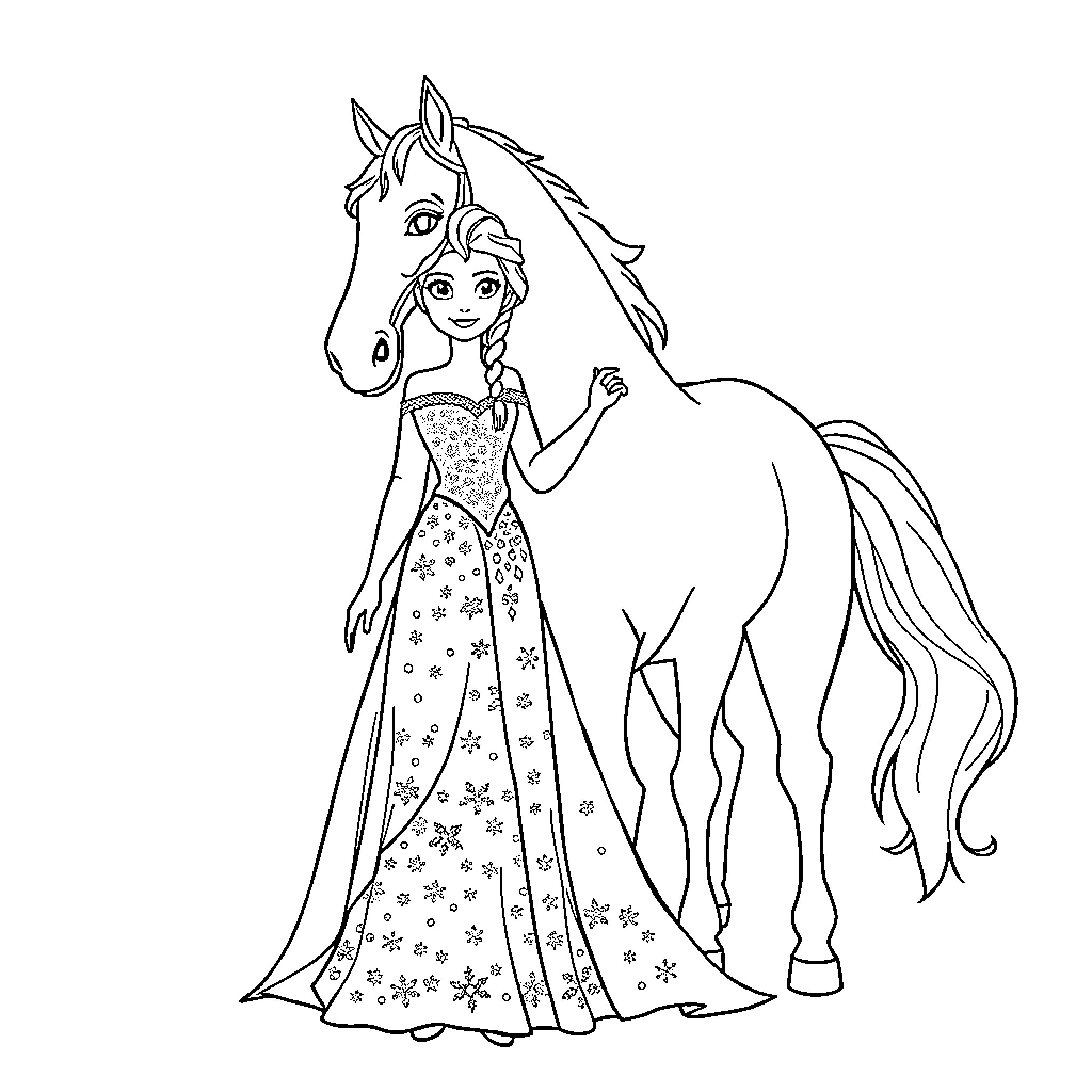 Elsa riding a majestic horse in a winter wonderland Coloring Page (free black-and-white line drawing printable PDF for all, from beginners to advanced learners, including children, teens, adults, and seniors)