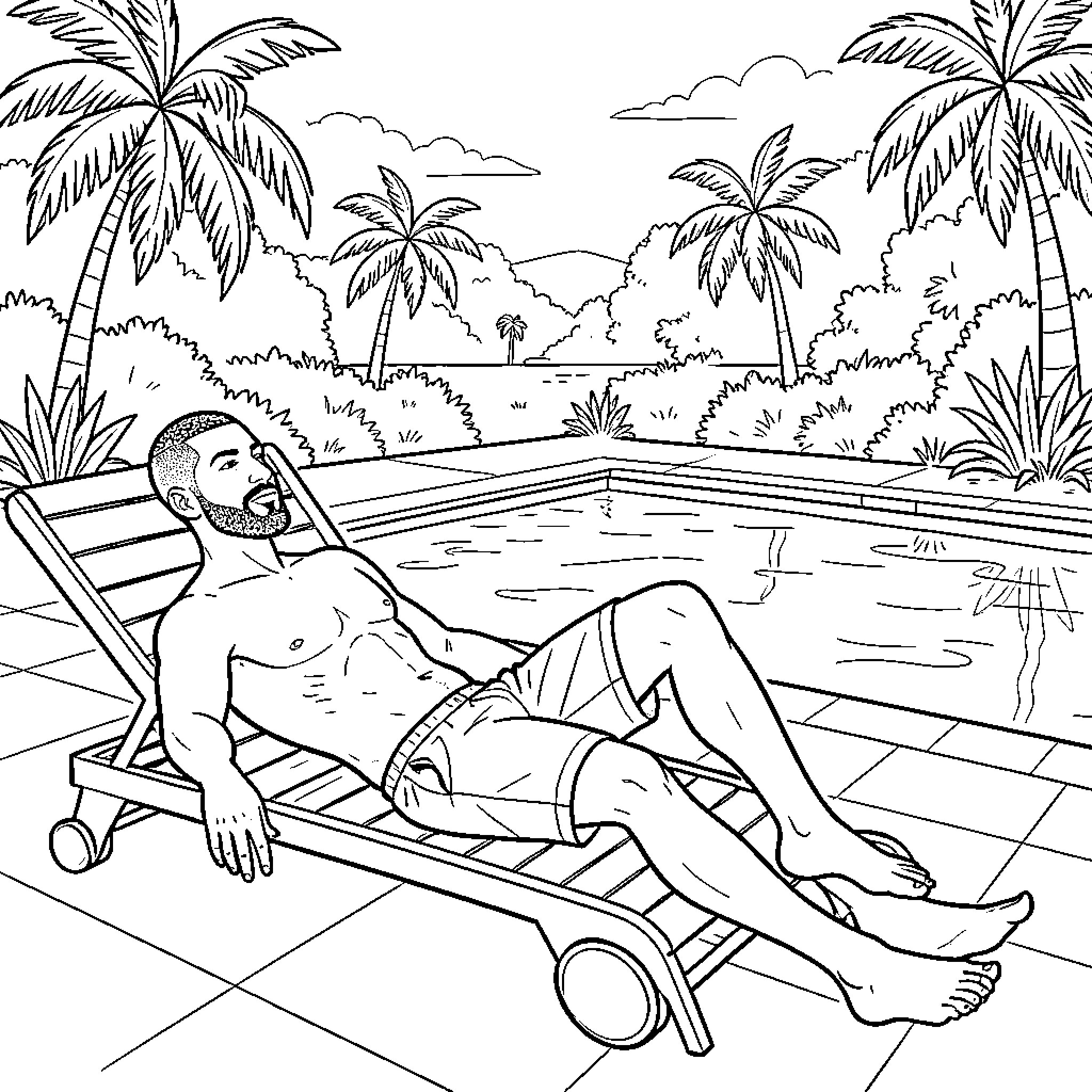 Mbappe relaxing on a lounge chair by the pool Coloring Page (free black-and-white line drawing printable PDF for all, from beginners to advanced learners, including children, teens, adults, and seniors)