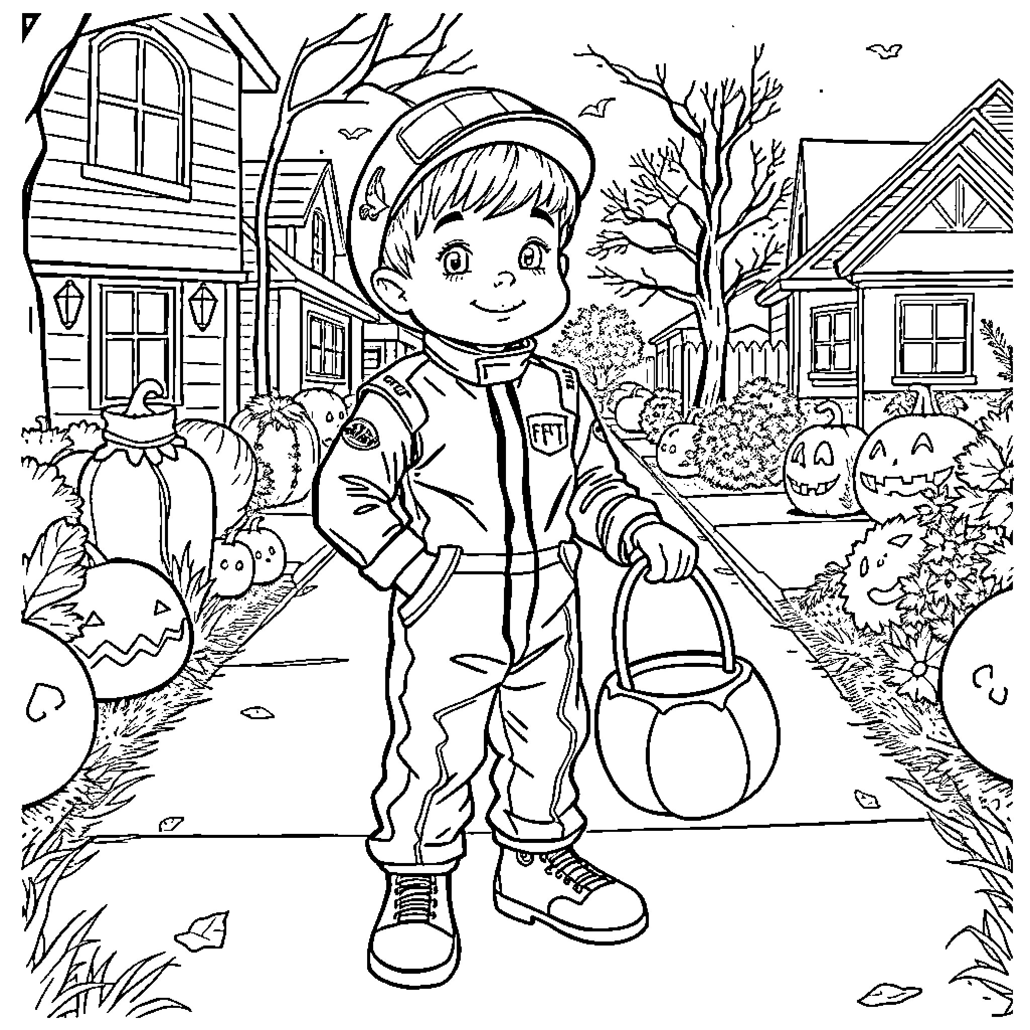 Boy Trick-or-Treating on Halloween Night Coloring Page (free black-and-white line drawing printable PDF for all, from beginners to advanced learners, including children, teens, adults, and seniors)