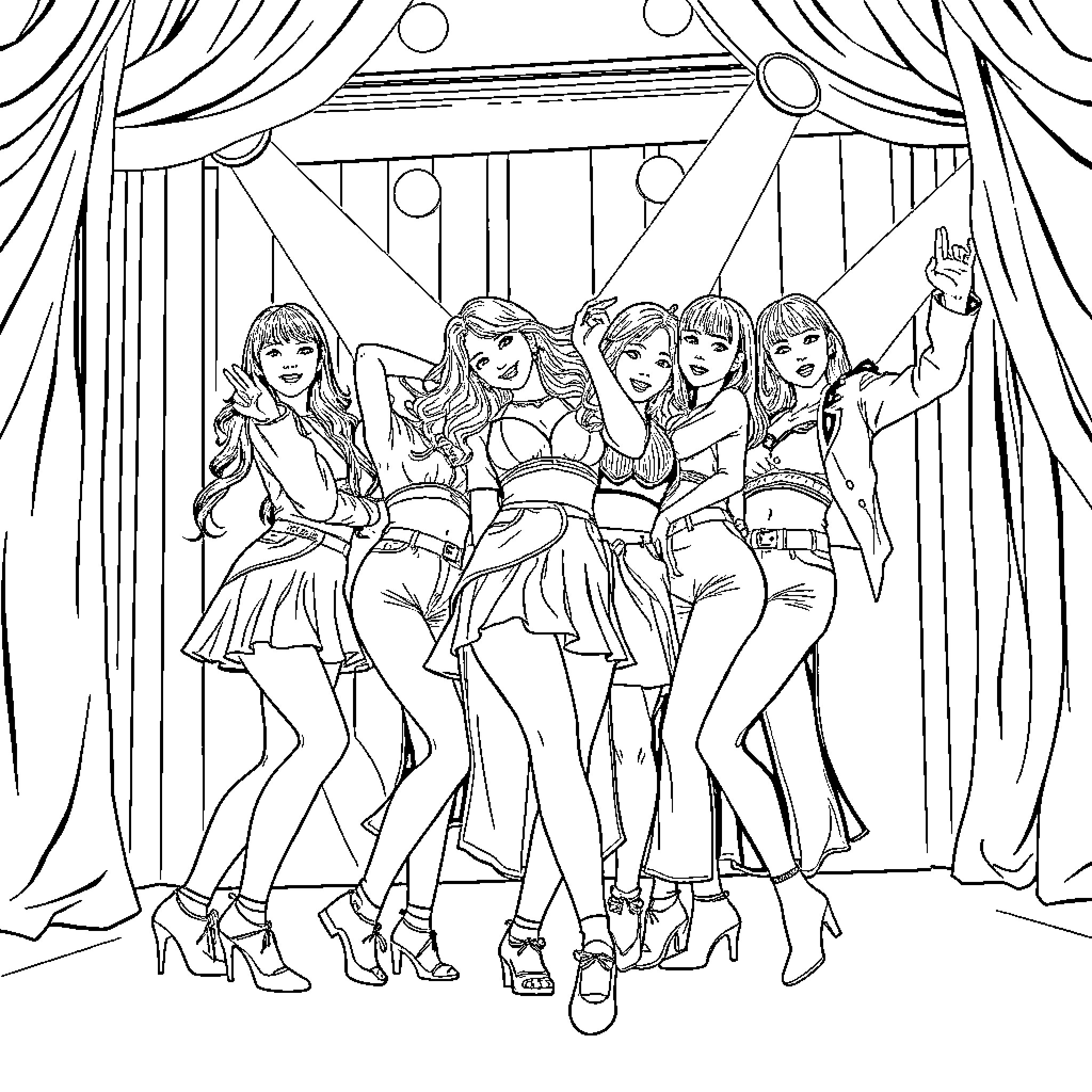 Gerreras Performing on Stage with Vibrant Outfits Coloring Page (free black-and-white line drawing printable PDF for all, from beginners to advanced learners, including children, teens, adults, and seniors)