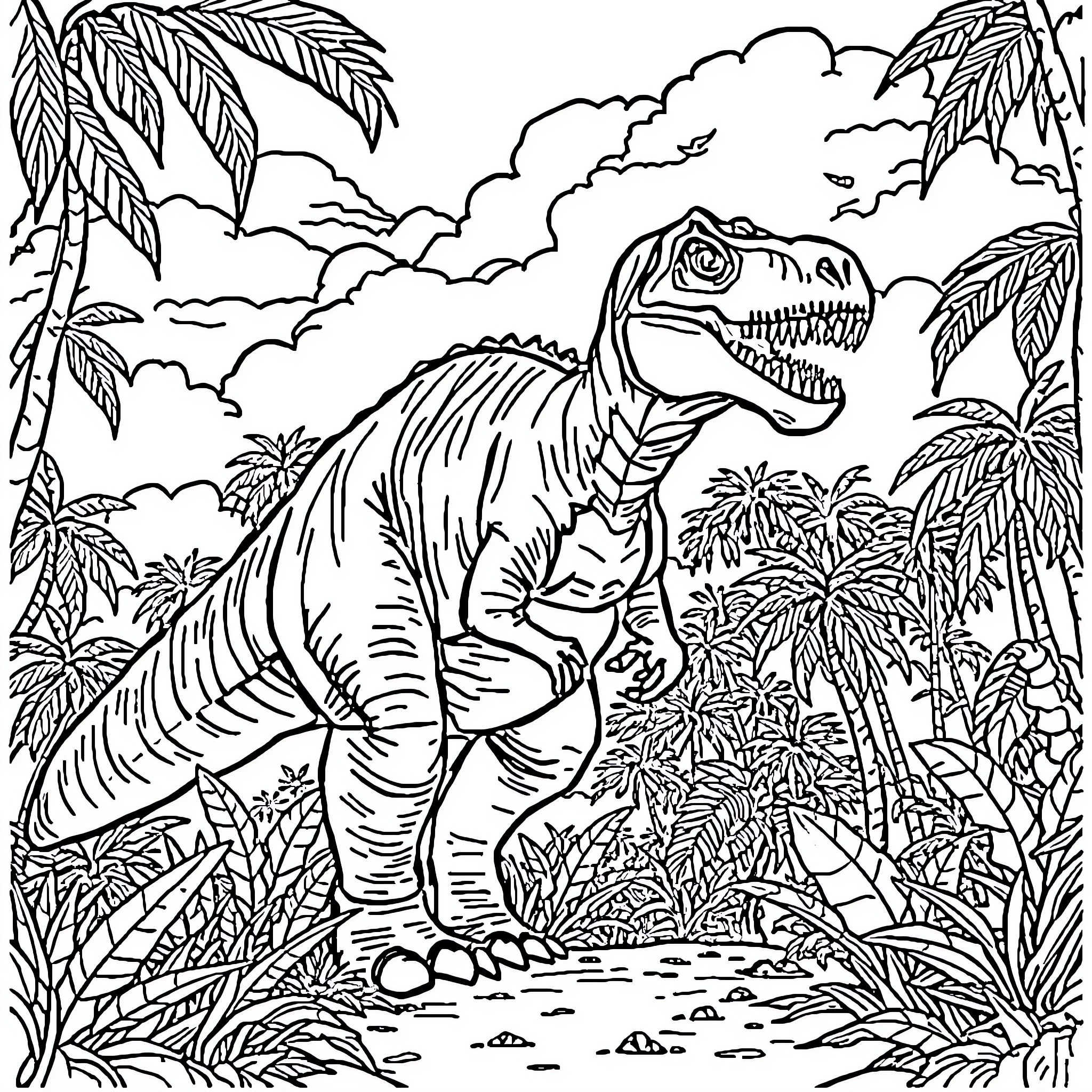 Dinosaur roaring in lush jungle landscape Coloring Page (free black-and-white line drawing printable PDF for all, from beginners to advanced learners, including children, teens, adults, and seniors)