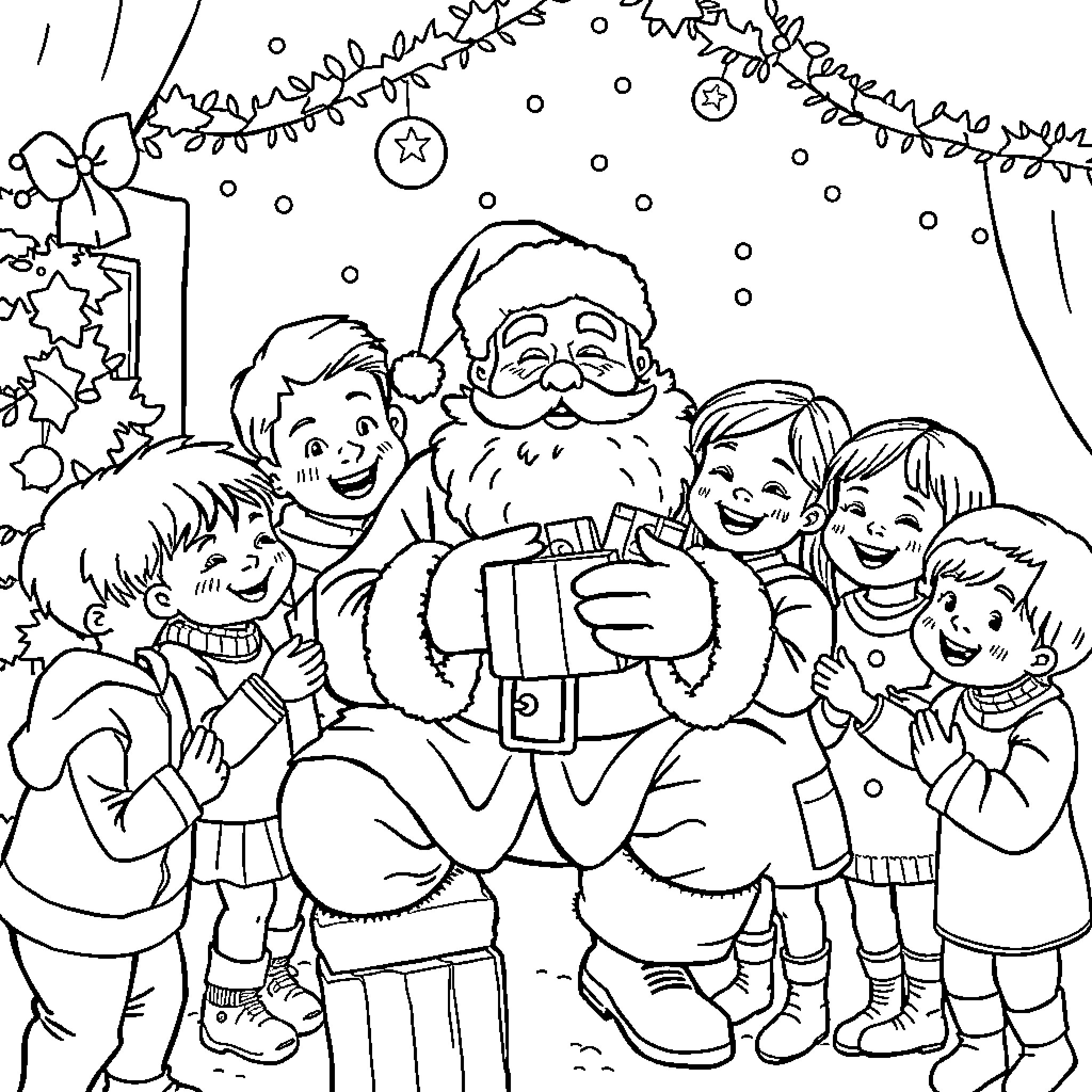 Santa Claus distributing gifts to joyful children Coloring Page (free black-and-white line drawing printable PDF for all, from beginners to advanced learners, including children, teens, adults, and seniors)