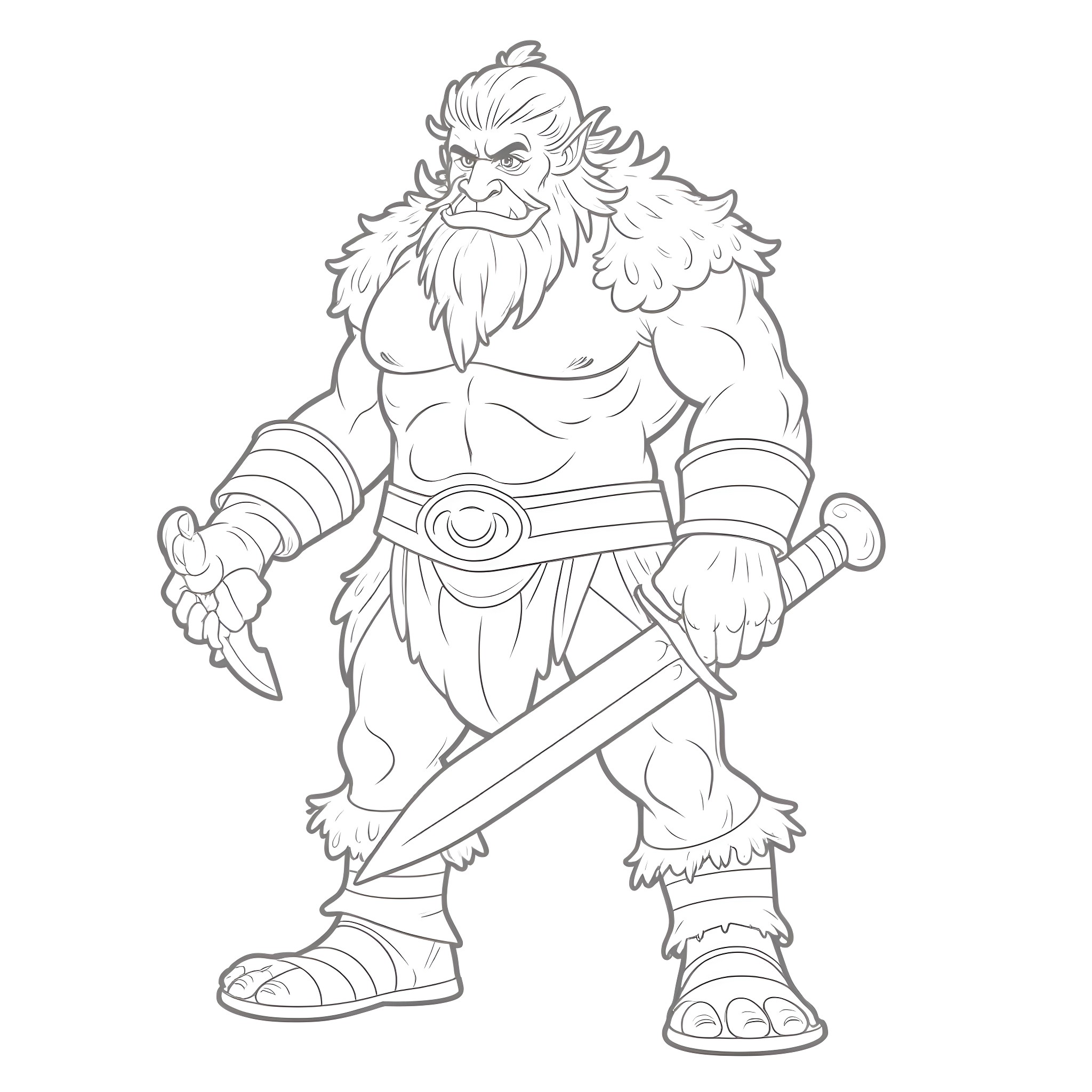 Orc warrior wielding a menacing sword Coloring Page (free black-and-white line drawing printable PDF for all, from beginners to advanced learners, including children, teens, adults, and seniors)
