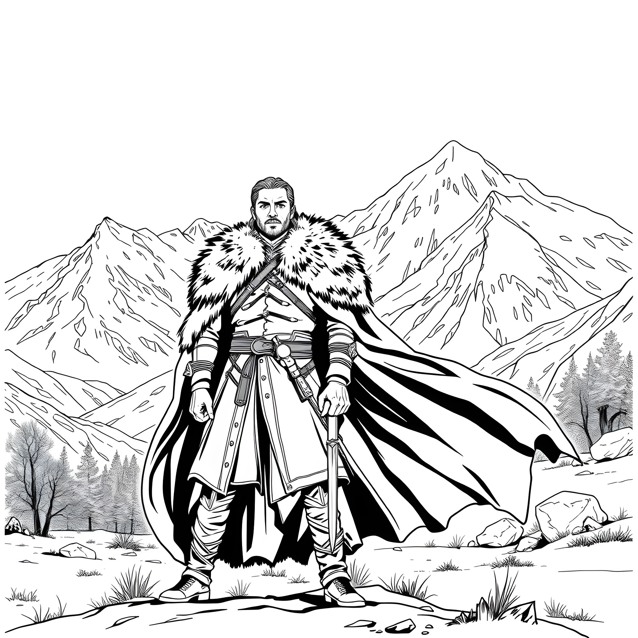Rob Stark standing resolute in the winter landscape Coloring Page (free black-and-white line drawing printable PDF for all, from beginners to advanced learners, including children, teens, adults, and seniors)