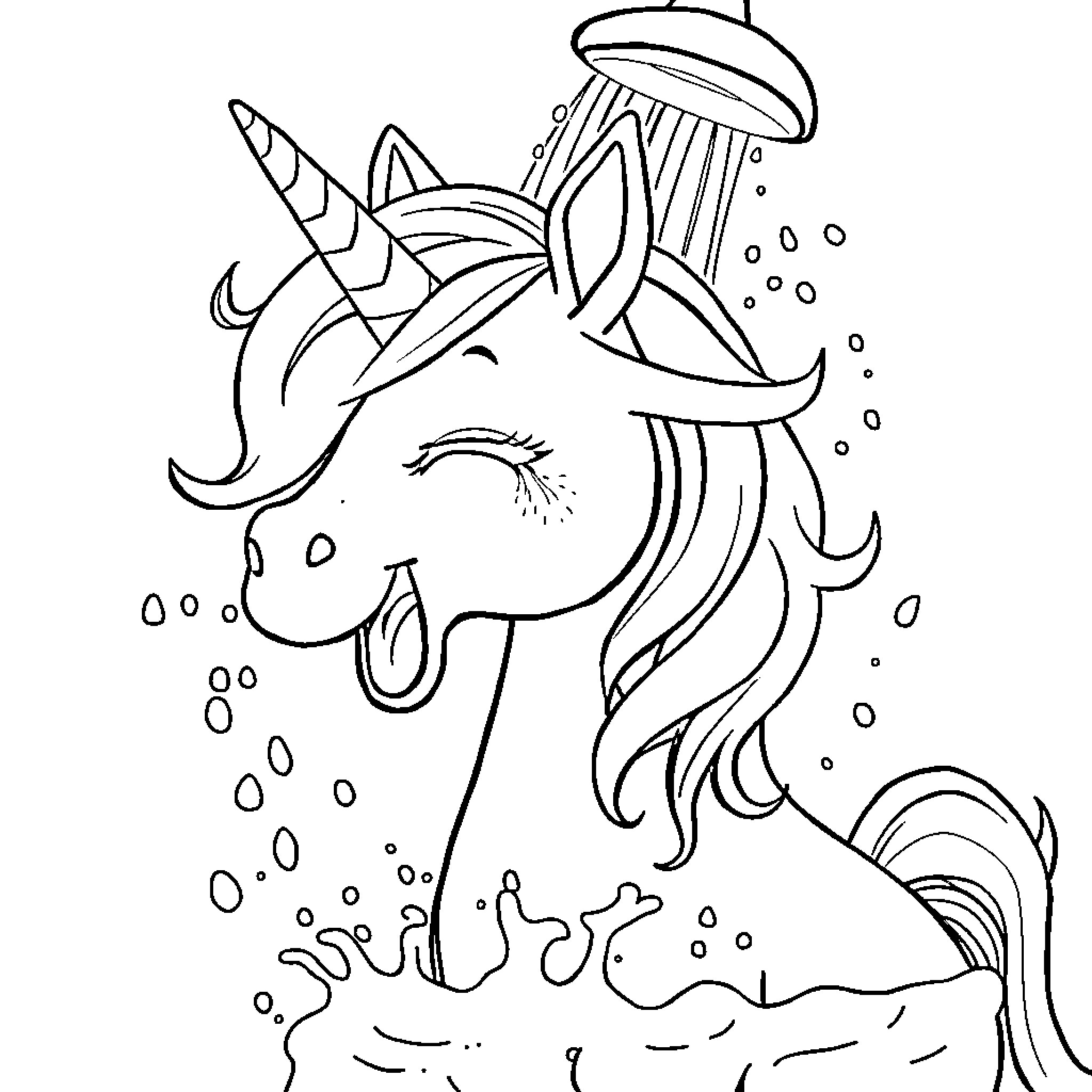Unicorn getting a magical shower Coloring Page (free black-and-white line drawing printable PDF for all, from beginners to advanced learners, including children, teens, adults, and seniors)
