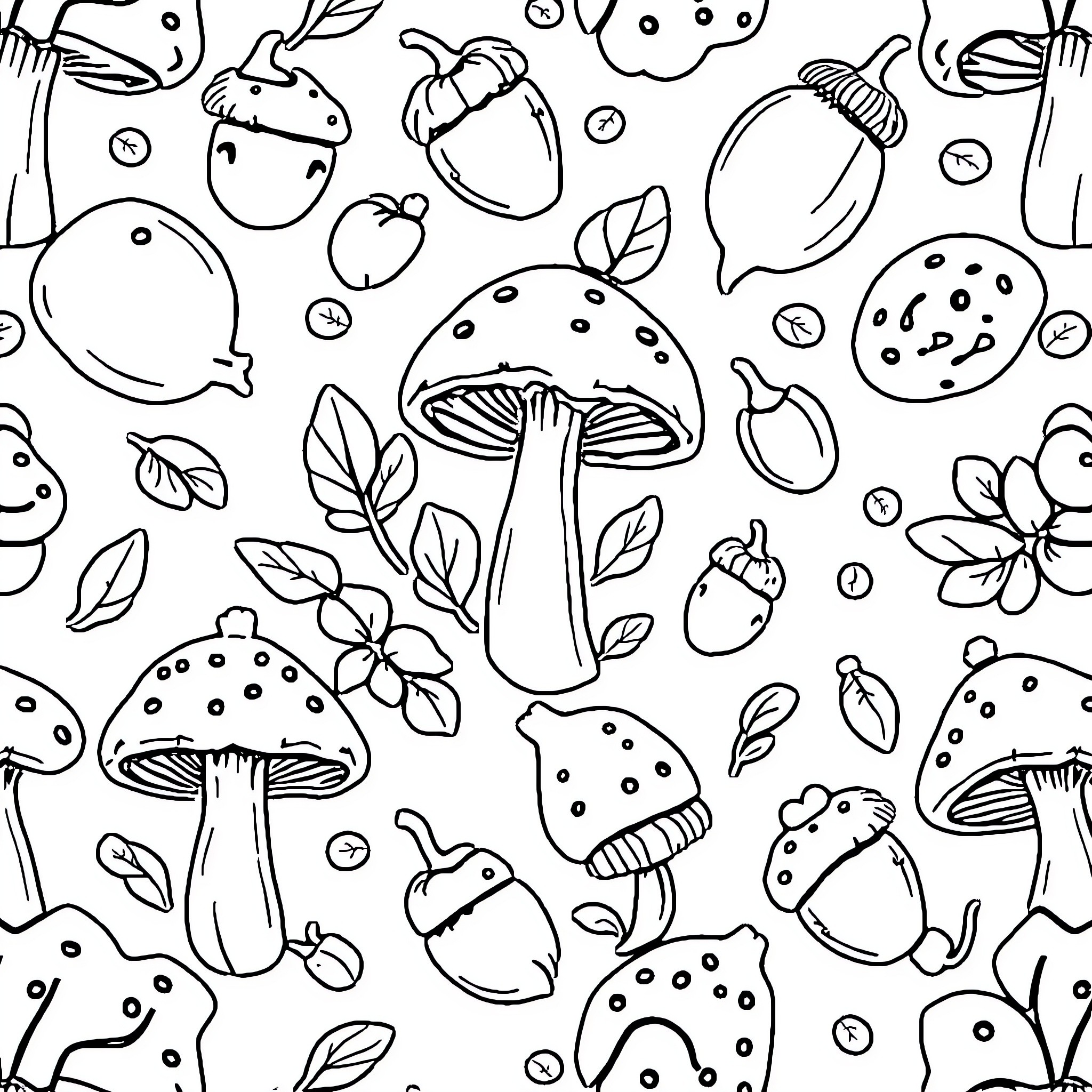 Acorn forest with playful mushrooms and leaves Coloring Page (free black-and-white line drawing printable PDF for all, from beginners to advanced learners, including children, teens, adults, and seniors)