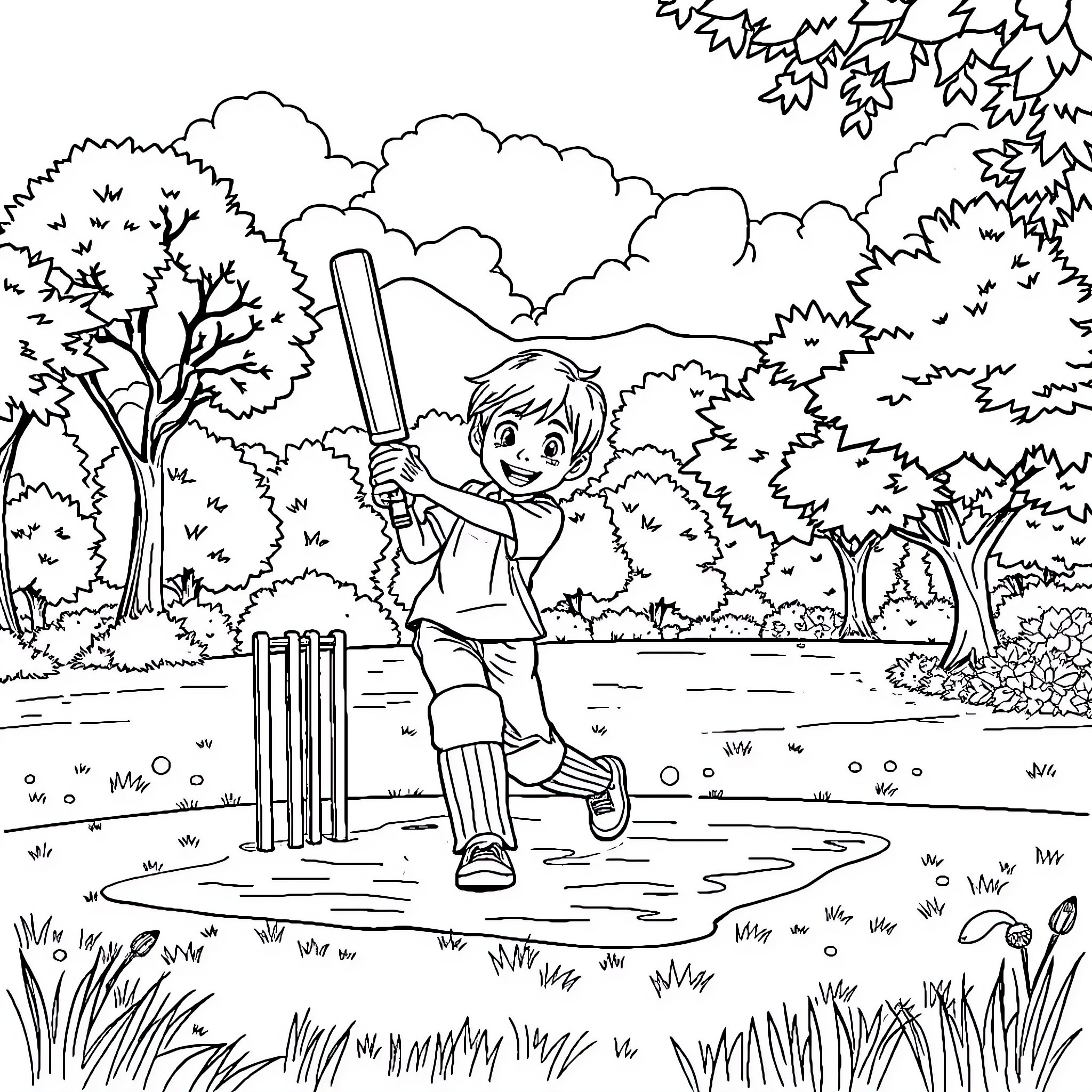 Boy playing cricket in the park Coloring Page (free black-and-white line drawing printable PDF for all, from beginners to advanced learners, including children, teens, adults, and seniors)