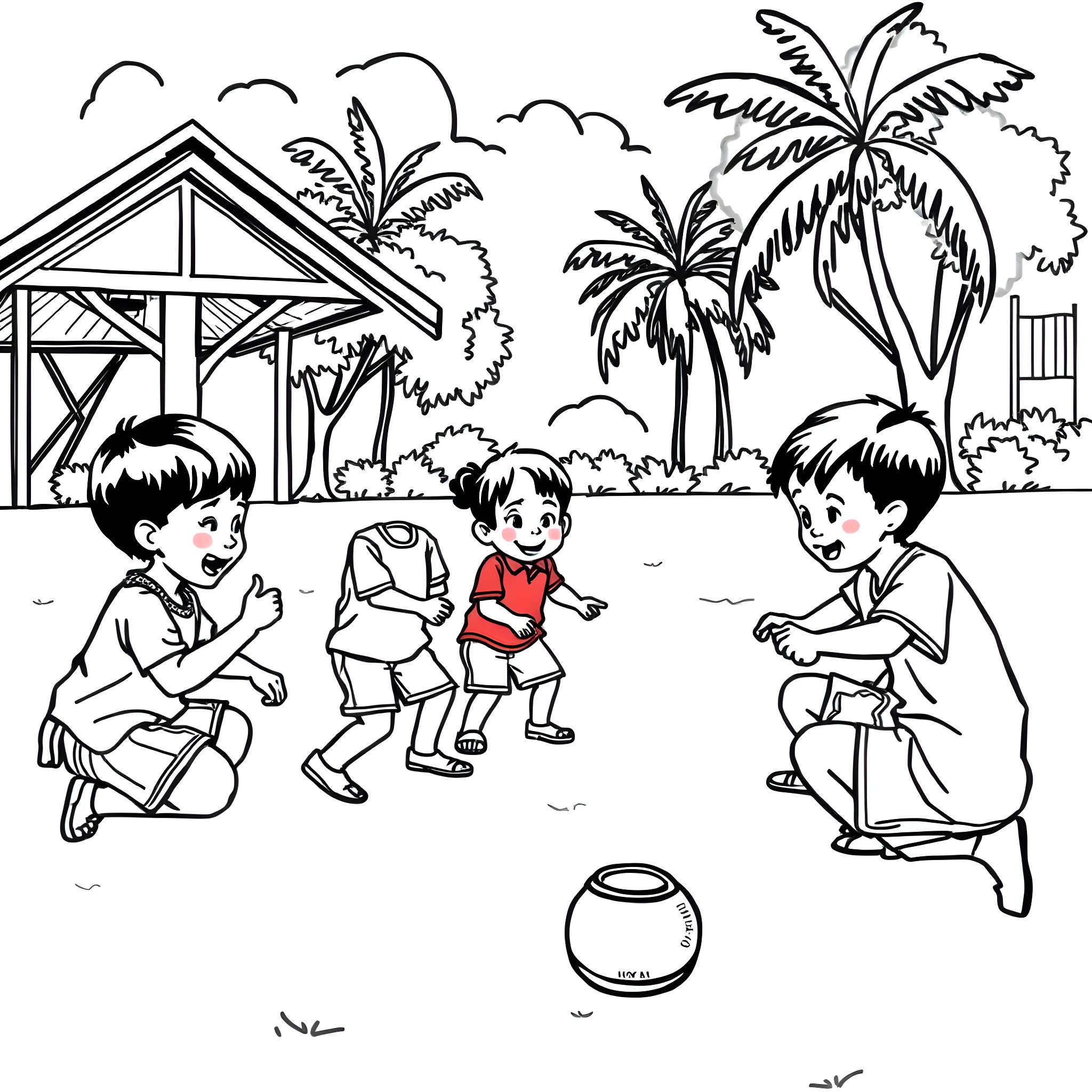 Child playing happily in tropical setting Coloring Page (free black-and-white line drawing printable PDF for all, from beginners to advanced learners, including children, teens, adults, and seniors)