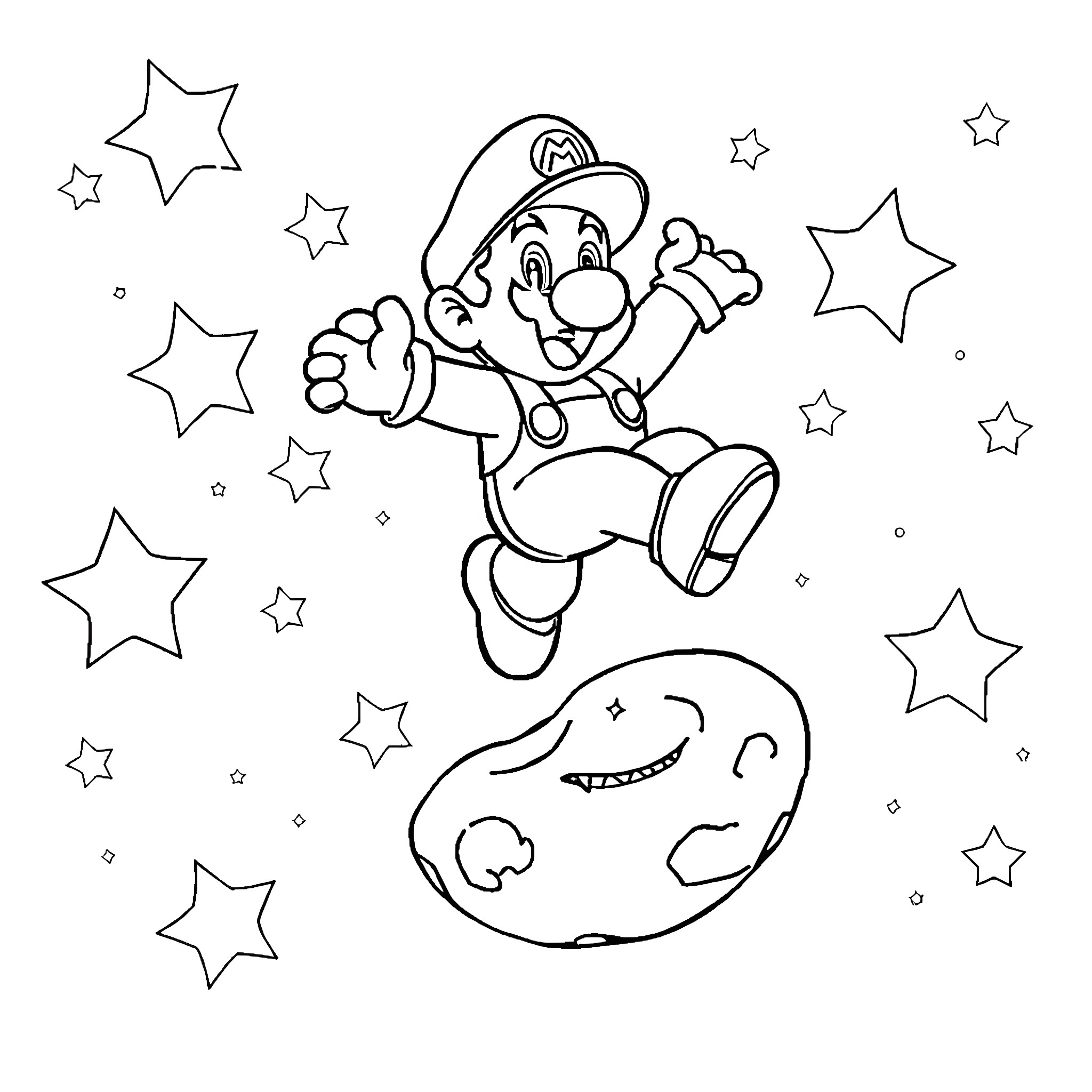 Super Mario Jumping Joyfully Among the Stars Coloring Page (free black-and-white line drawing printable PDF for all, from beginners to advanced learners, including children, teens, adults, and seniors)