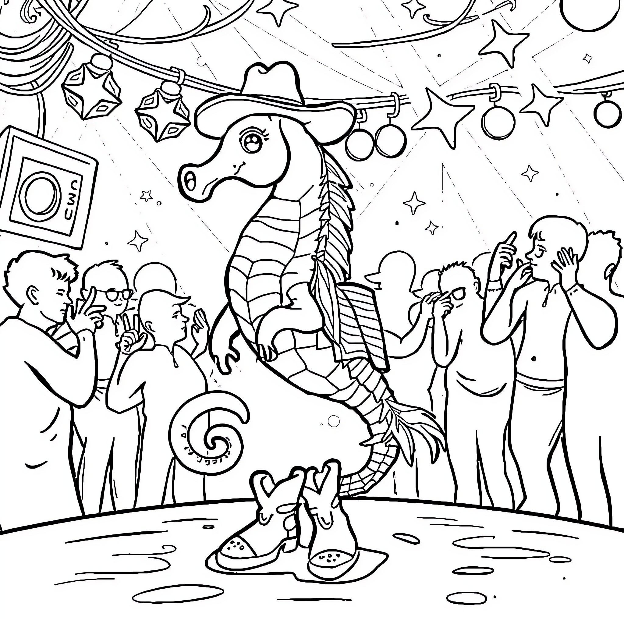 Seahorse performance at carnival festival Coloring Page (free black-and-white line drawing printable PDF for all, from beginners to advanced learners, including children, teens, adults, and seniors)
