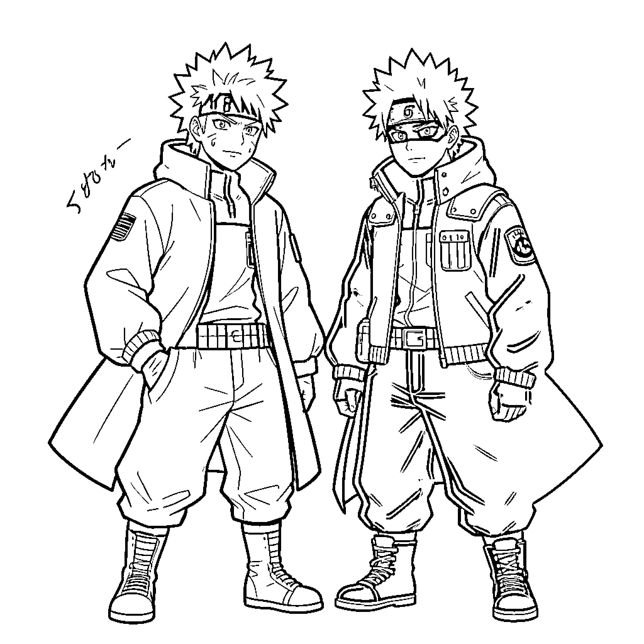 Gojo and Yuji in Action-Packed Attire Coloring Page (free black-and-white line drawing printable PDF for all, from beginners to advanced learners, including children, teens, adults, and seniors)