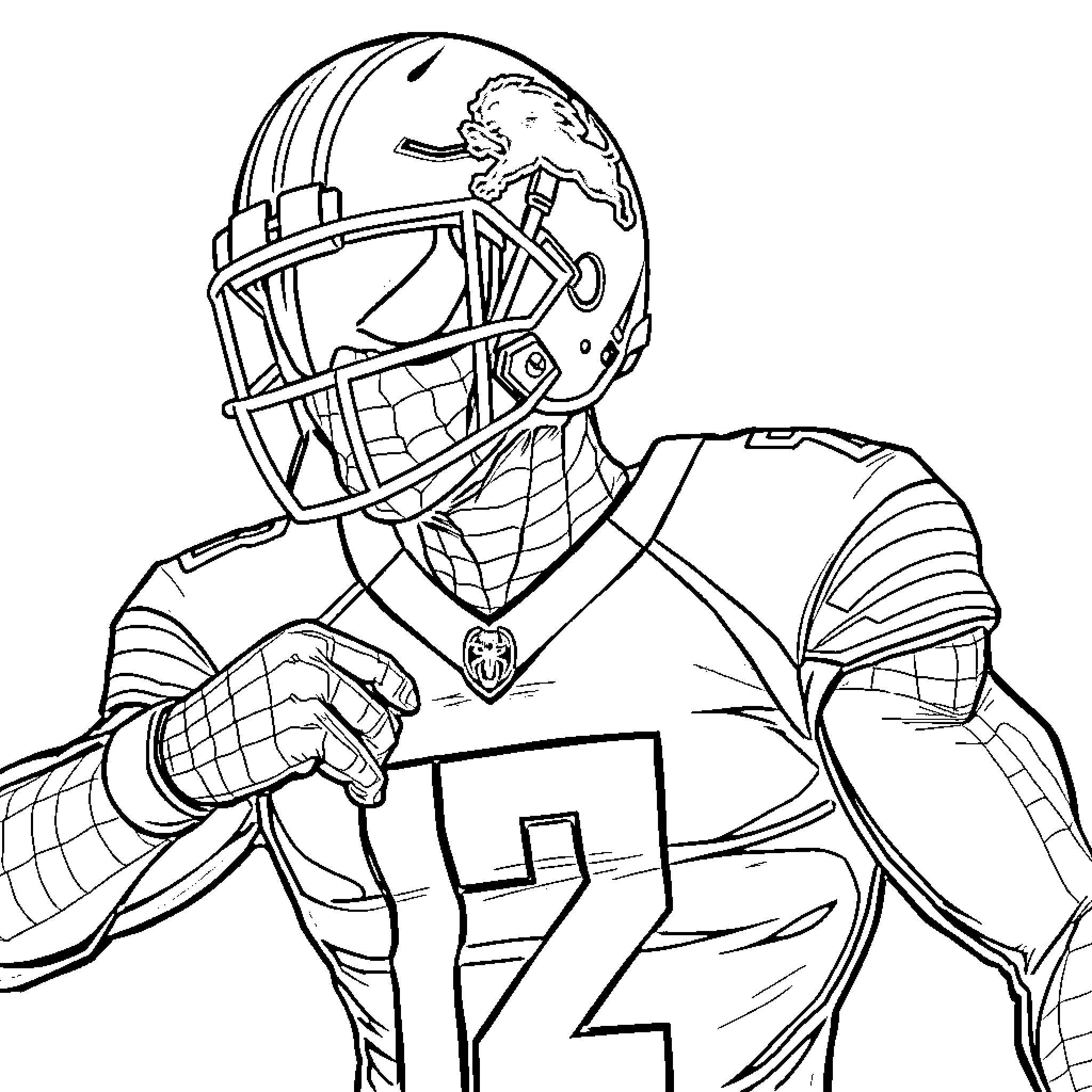 Spider-Man Football Player in Action Coloring Page (free black-and-white line drawing printable PDF for all, from beginners to advanced learners, including children, teens, adults, and seniors)