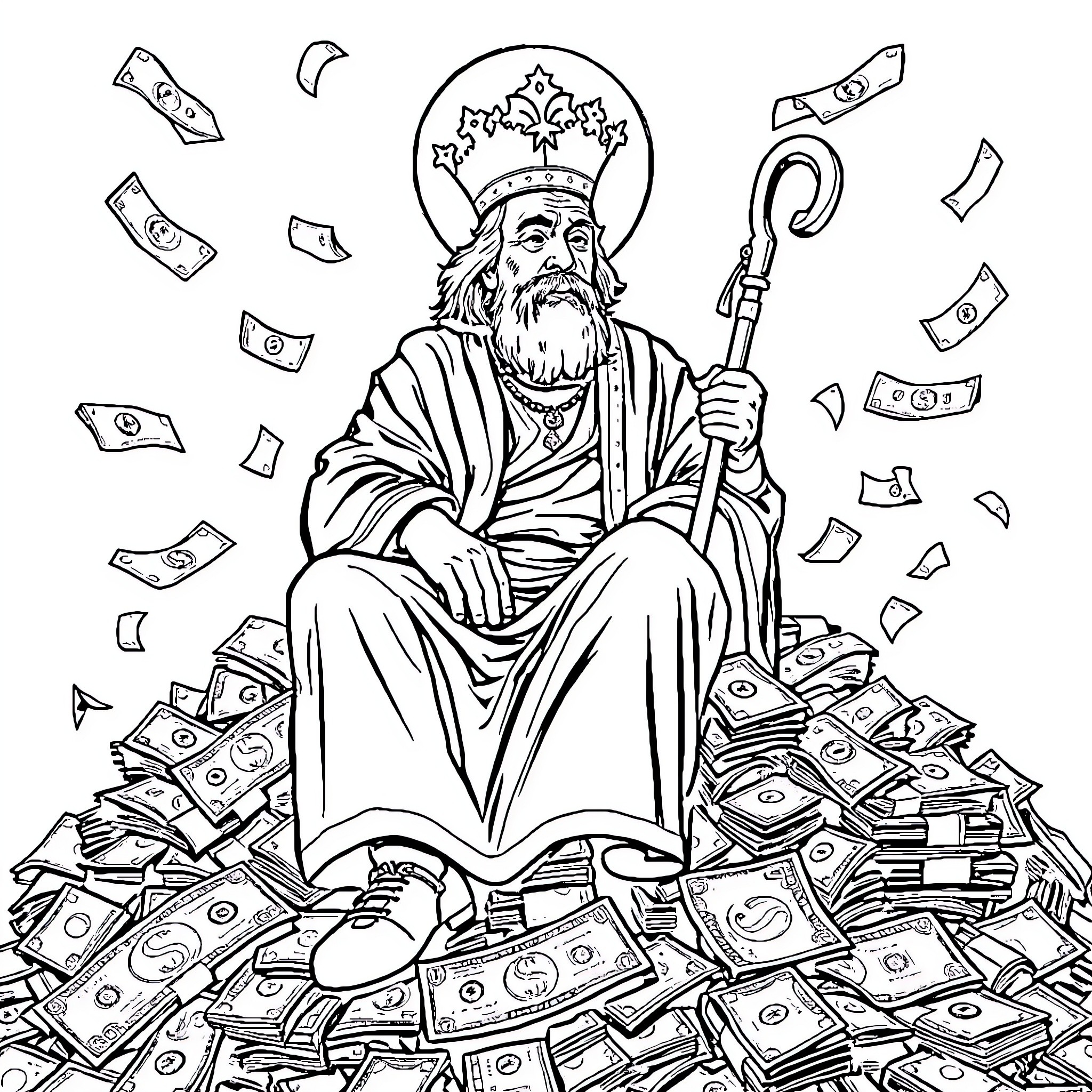 Franklin Saint sitting on a pile of money Coloring Page (free black-and-white line drawing printable PDF for all, from beginners to advanced learners, including children, teens, adults, and seniors)