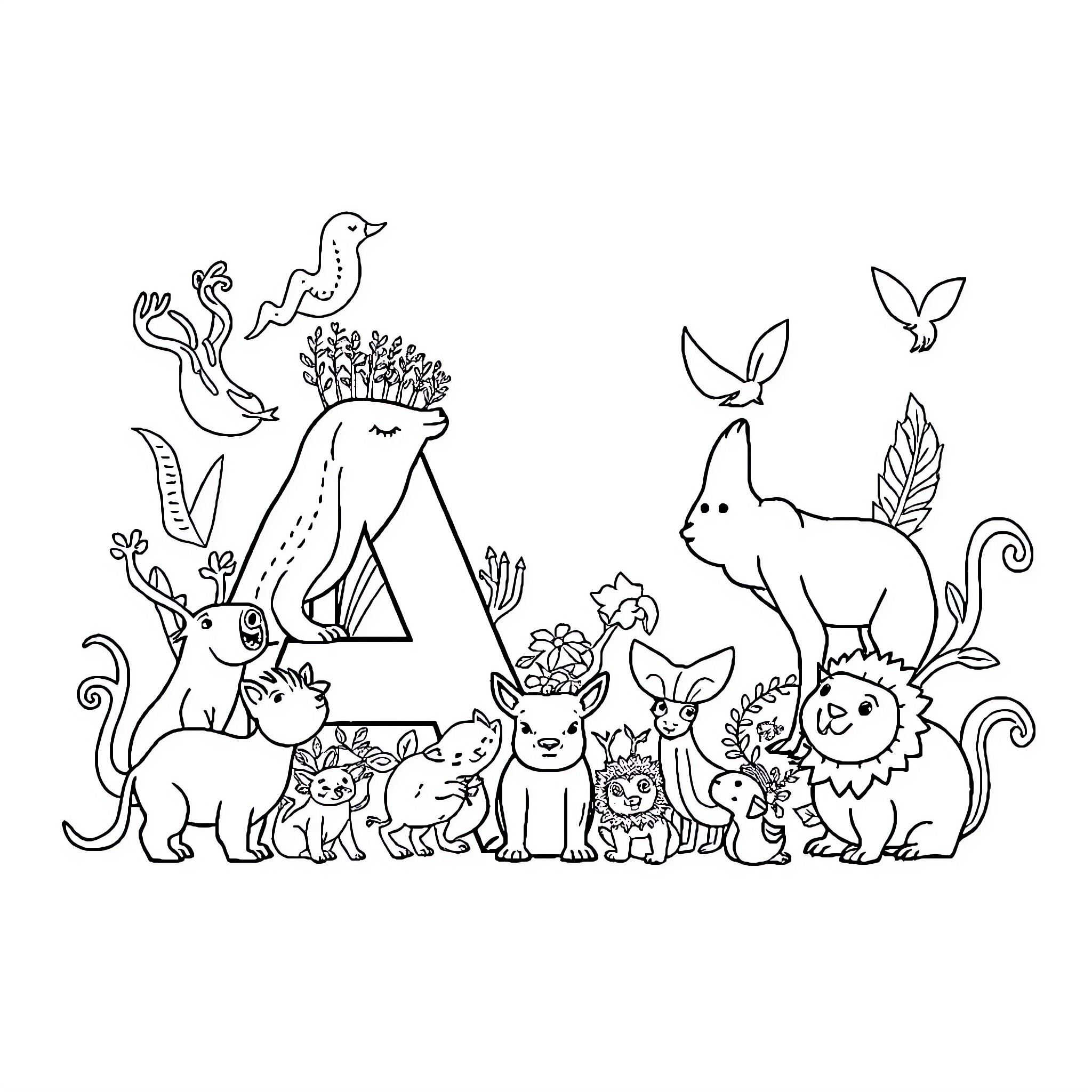 Animal friends gathered in the forest Coloring Page (free black-and-white line drawing printable PDF for all, from beginners to advanced learners, including children, teens, adults, and seniors)