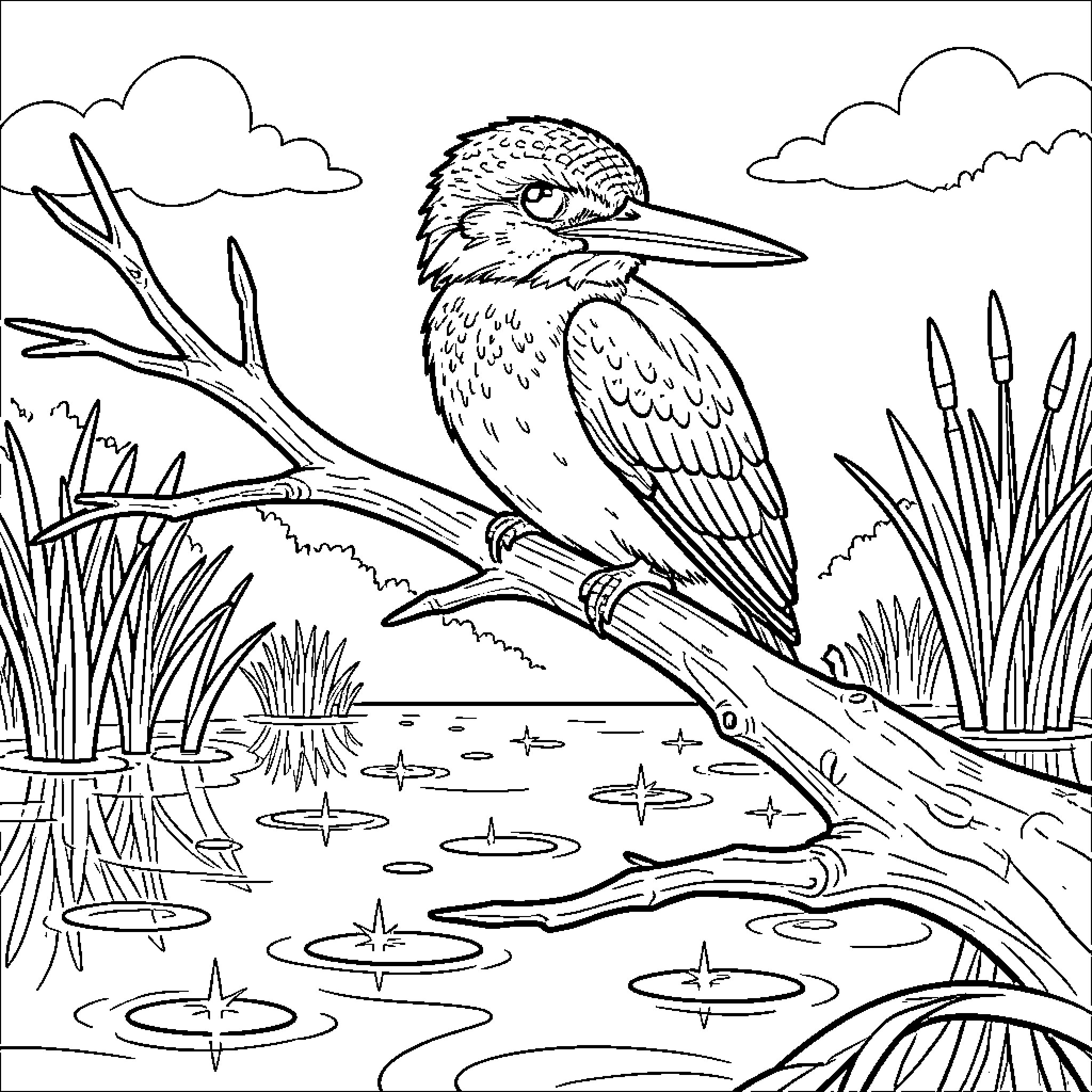 Kingfisher perched on a branch near a pond Coloring Page (free black-and-white line drawing printable PDF for all, from beginners to advanced learners, including children, teens, adults, and seniors)