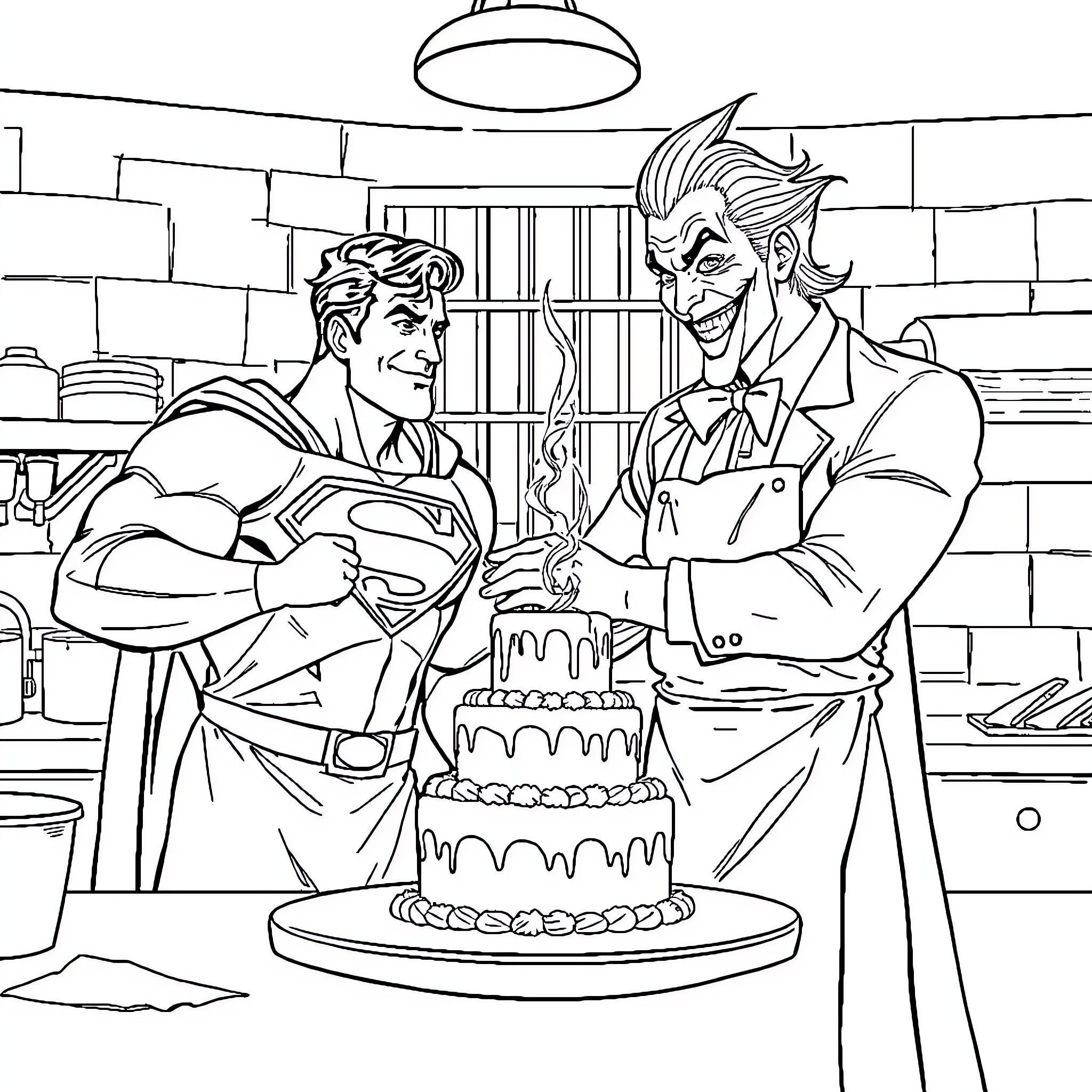 Superman and the Joker Baking a Cake Together Coloring Page (free black-and-white line drawing printable PDF for all, from beginners to advanced learners, including children, teens, adults, and seniors)