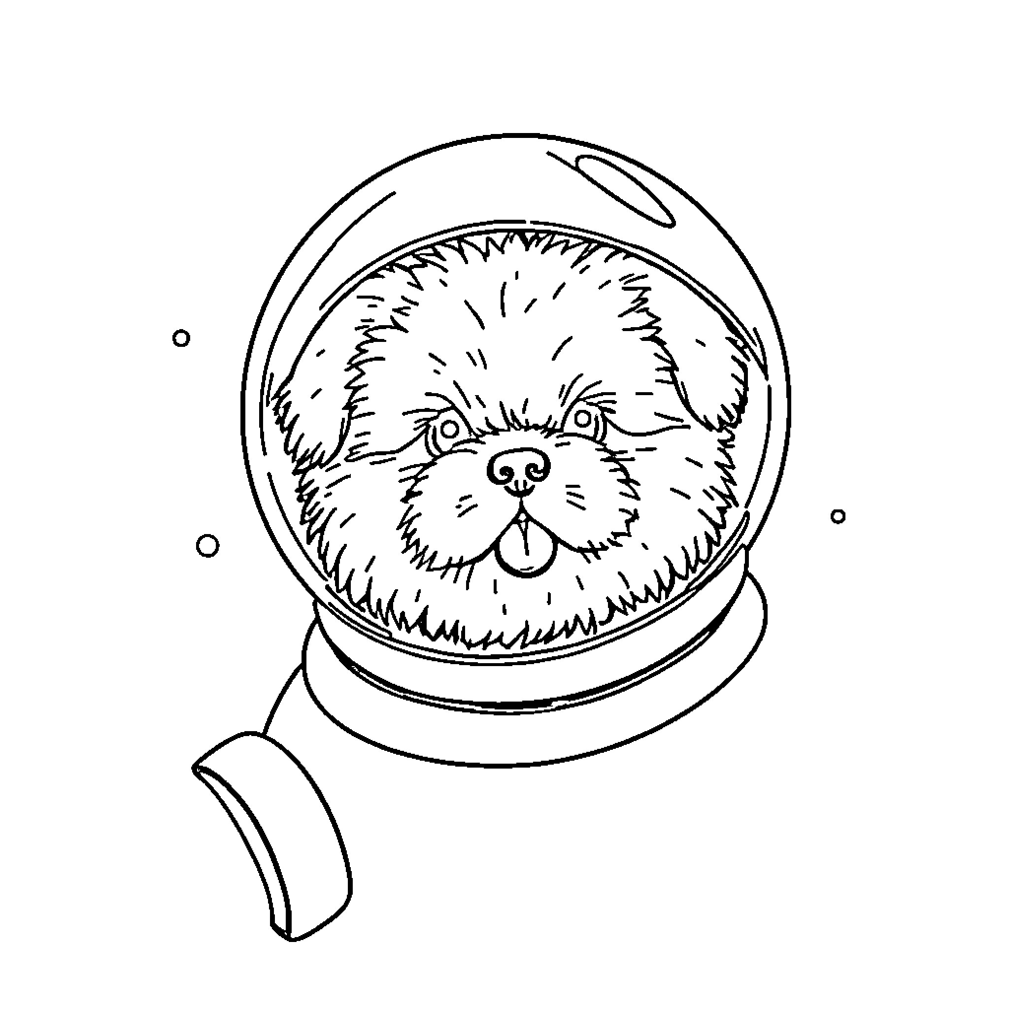 Dog in a Spacesuit Helmet Coloring Page (free black-and-white line drawing printable PDF for all, from beginners to advanced learners, including children, teens, adults, and seniors)