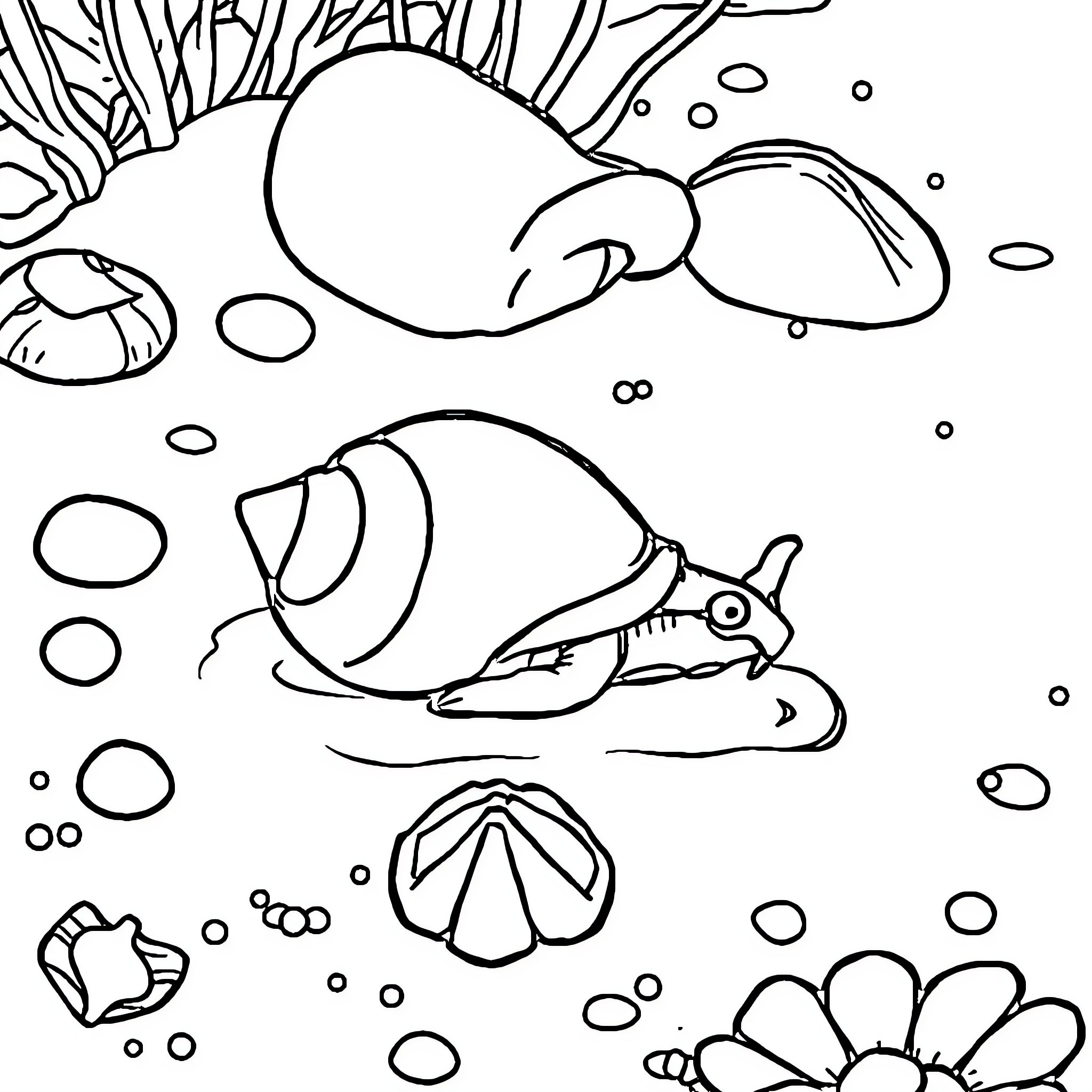 Mollusk Creatures Exploring Underwater Scenery Coloring Page (free black-and-white line drawing printable PDF for all, from beginners to advanced learners, including children, teens, adults, and seniors)