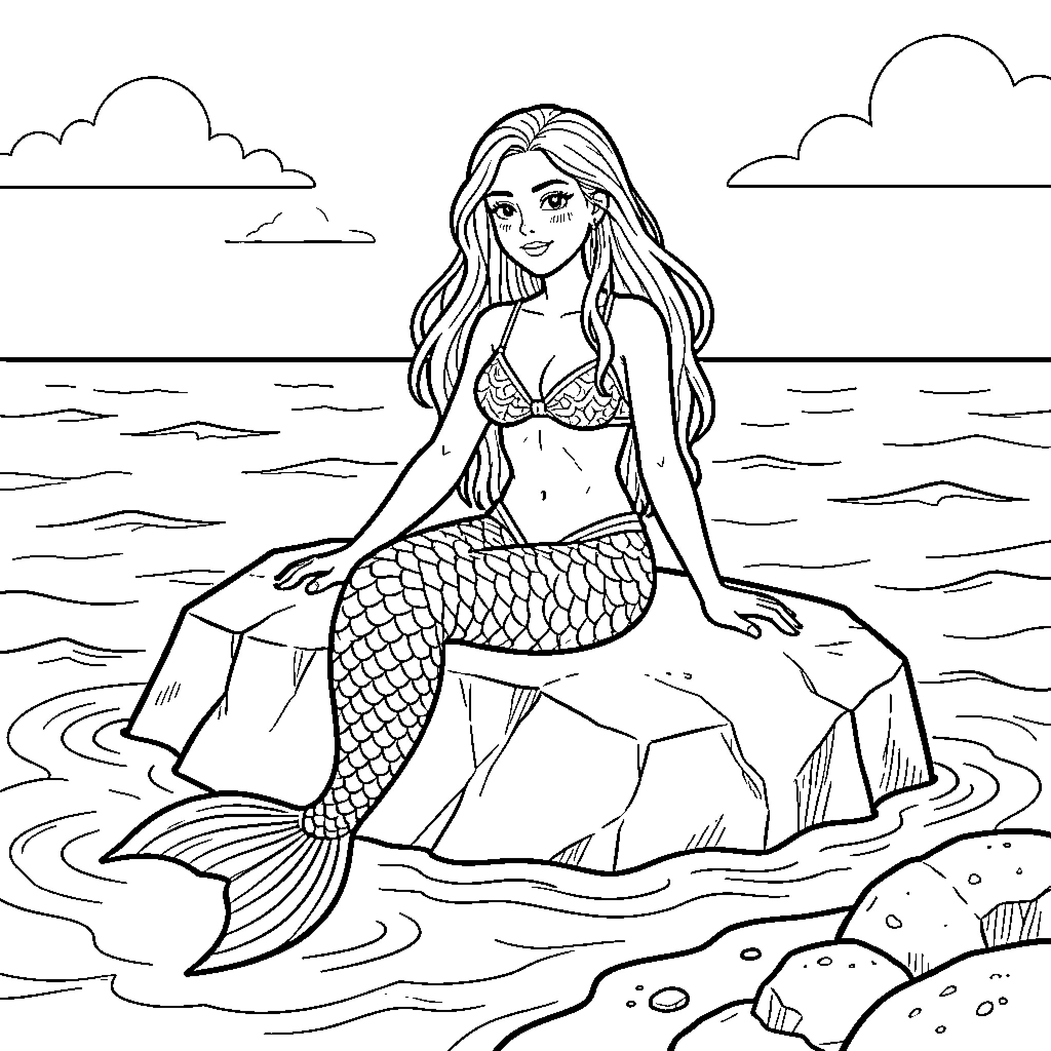 Mermaid sitting gracefully on a rock by the sea Coloring Page (free black-and-white line drawing printable PDF for all, from beginners to advanced learners, including children, teens, adults, and seniors)