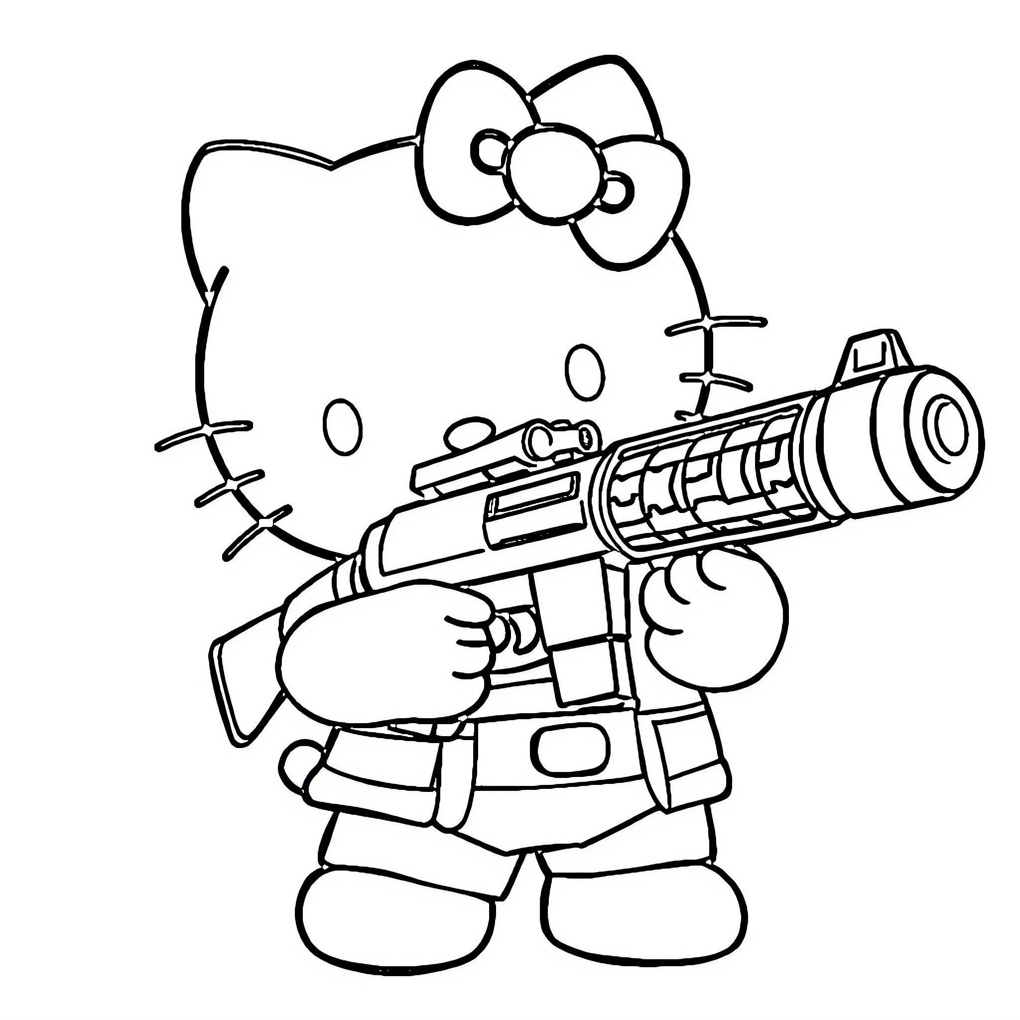 Hello Kitty holding a futuristic weapon Coloring Page (free black-and-white line drawing printable PDF for all, from beginners to advanced learners, including children, teens, adults, and seniors)