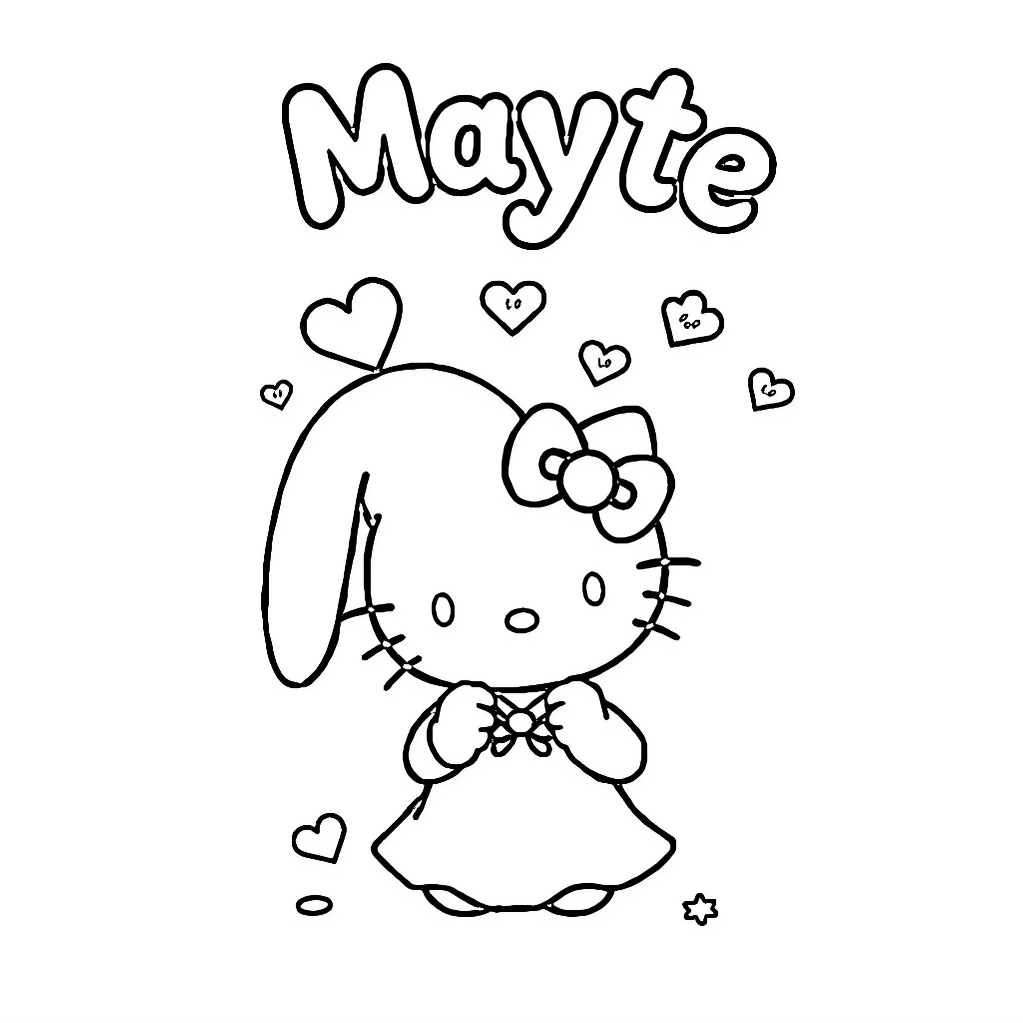Hello Kitty celebrates Mayte with hearts Coloring Page (free black-and-white line drawing printable PDF for all, from beginners to advanced learners, including children, teens, adults, and seniors)