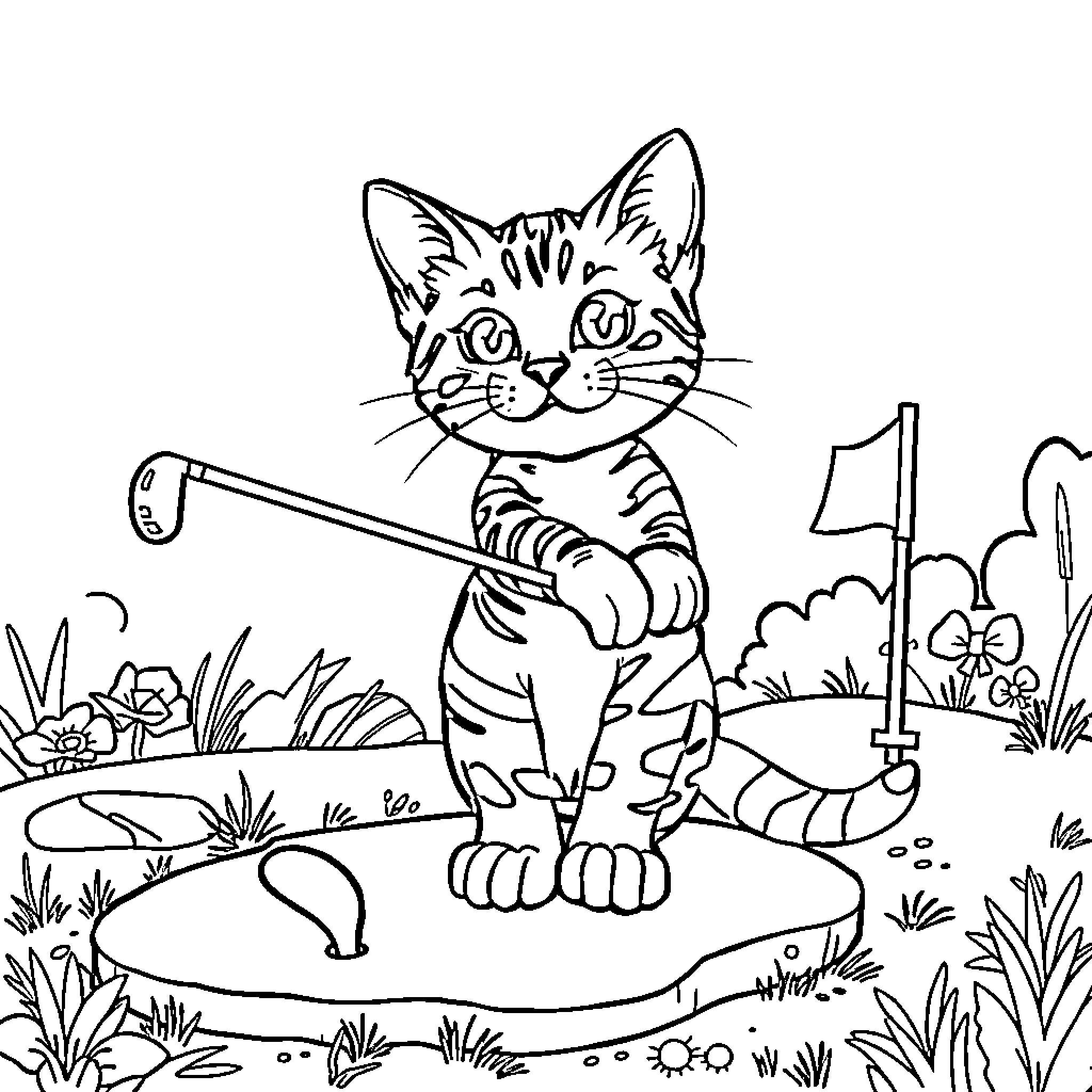 Bengal Cat enjoys outdoor adventure Coloring Page (free black-and-white line drawing printable PDF for all, from beginners to advanced learners, including children, teens, adults, and seniors)