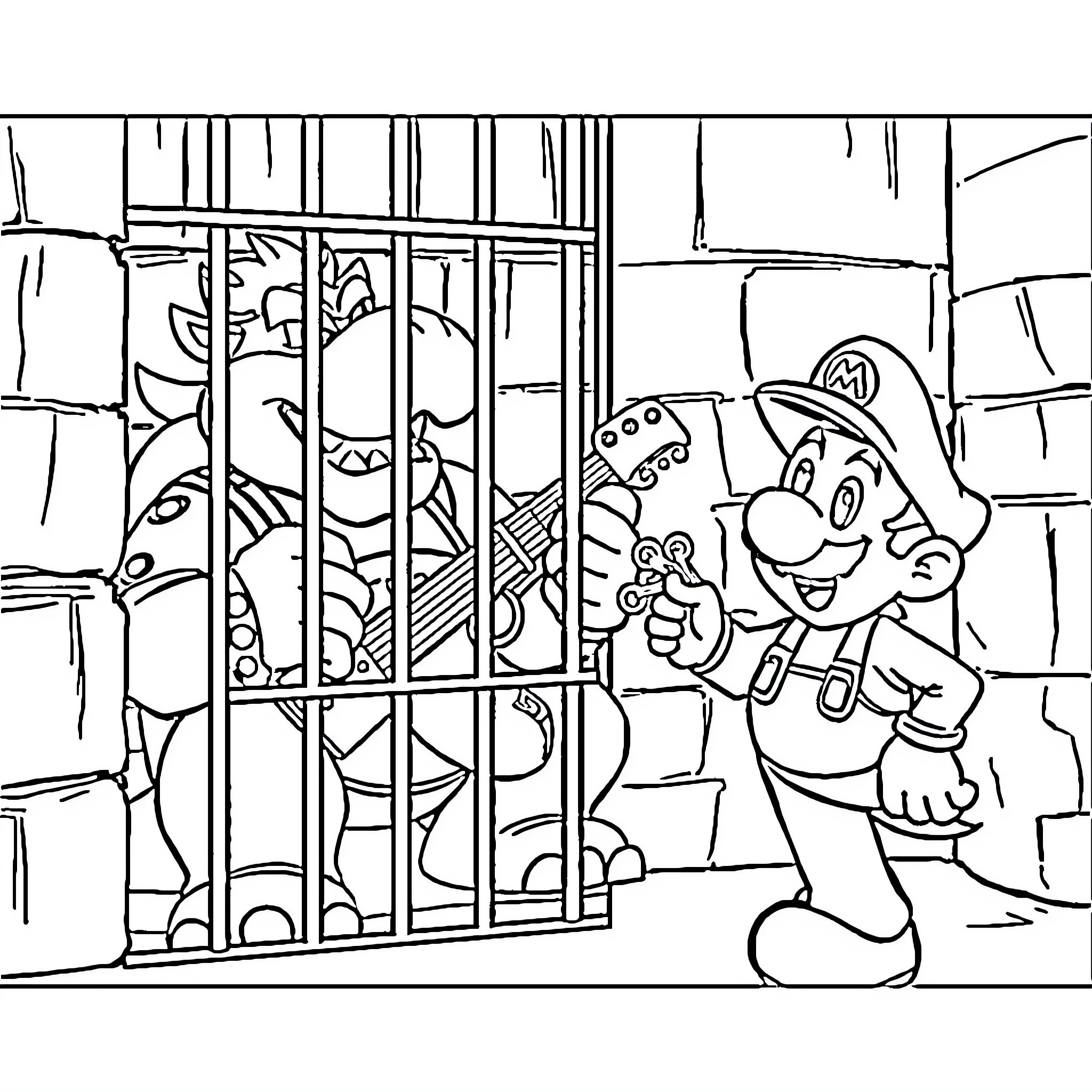 Bowser Trapped in Cage by Mario Coloring Page (free black-and-white line drawing printable PDF for all, from beginners to advanced learners, including children, teens, adults, and seniors)