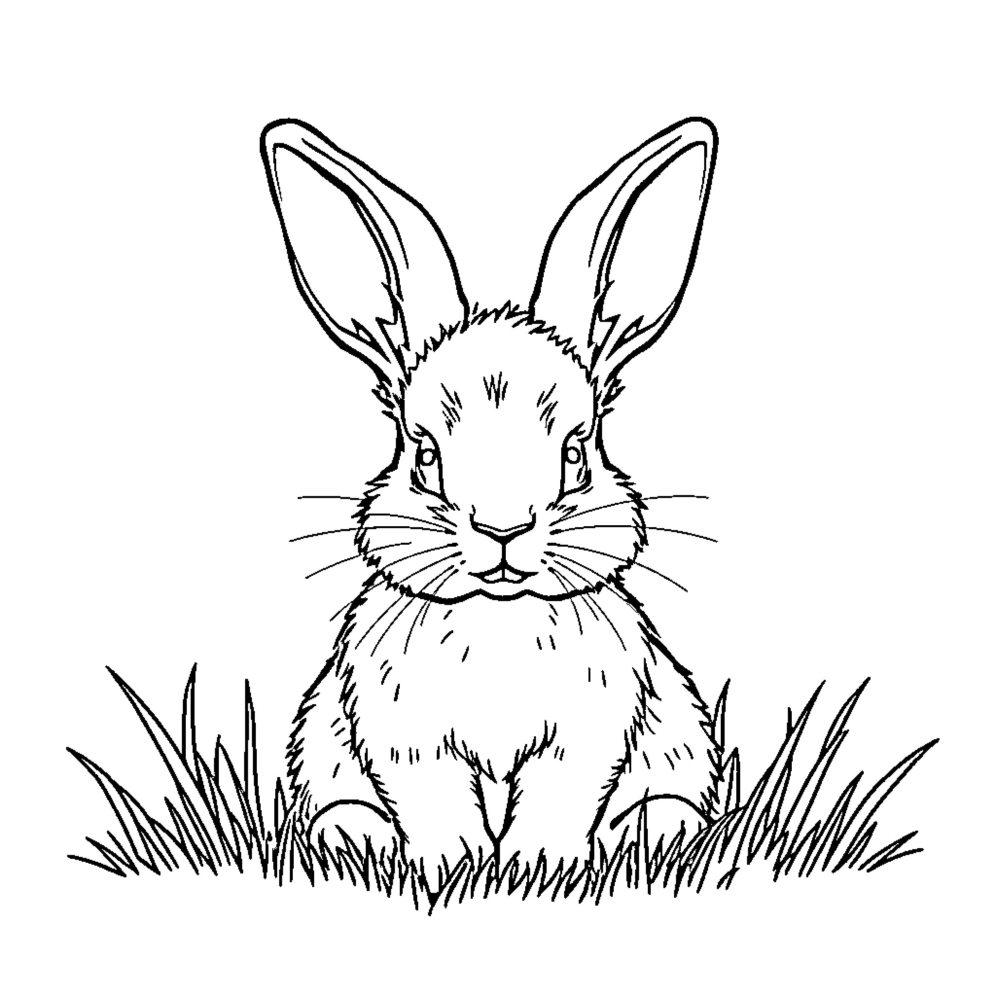 Rabbit sitting in grassy field Coloring Page (free black-and-white line drawing printable PDF for all, from beginners to advanced learners, including children, teens, adults, and seniors)