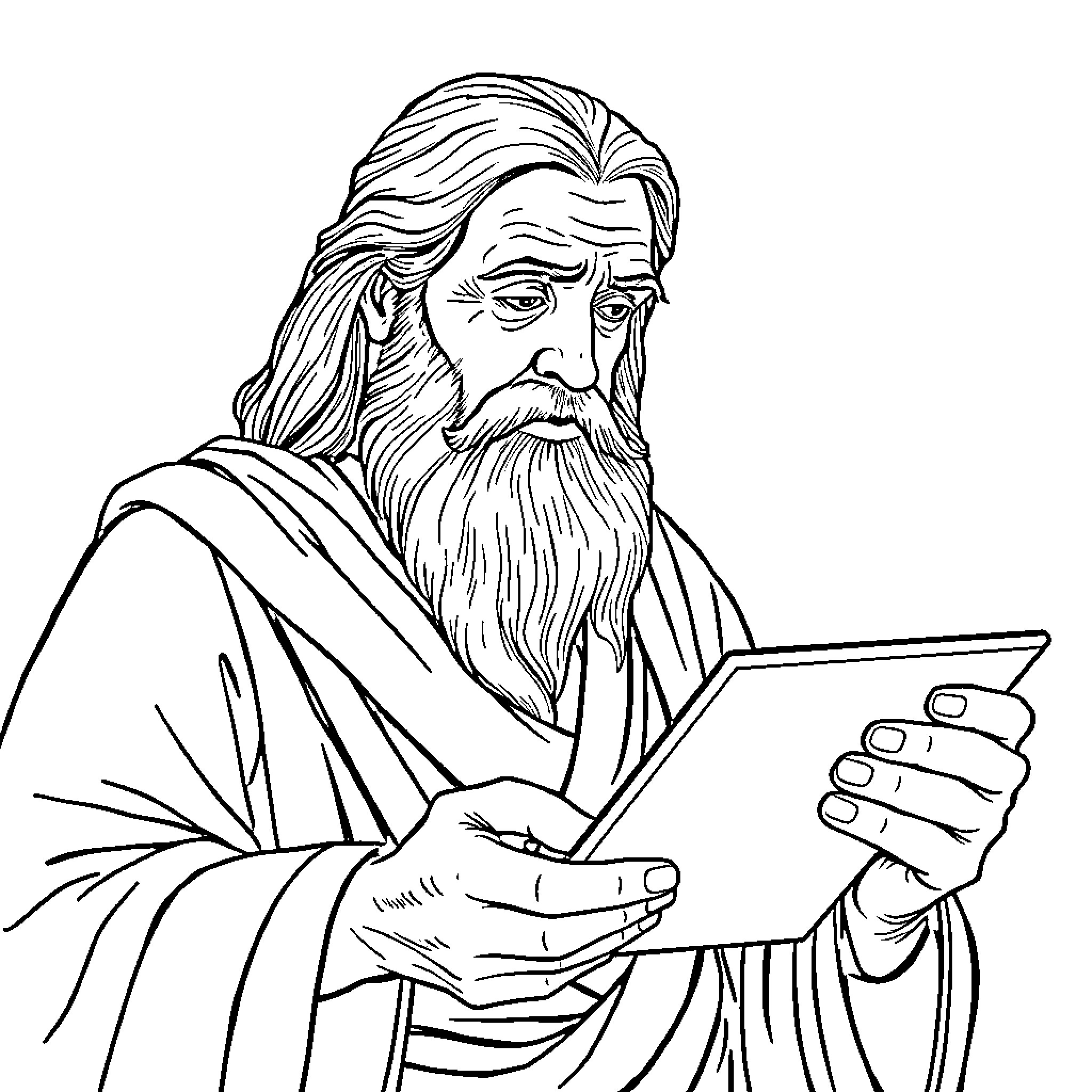 Moses Examining the Tablet with Reverence Coloring Page (free black-and-white line drawing printable PDF for all, from beginners to advanced learners, including children, teens, adults, and seniors)