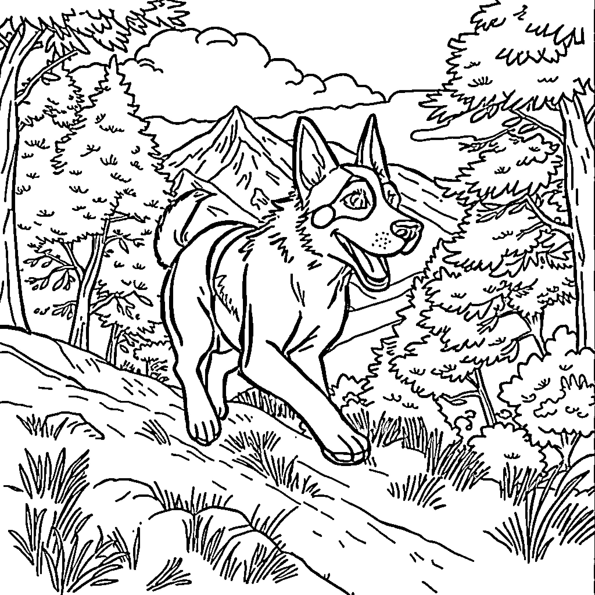 Dog running joyfully through the wilderness Coloring Page (free black-and-white line drawing printable PDF for all, from beginners to advanced learners, including children, teens, adults, and seniors)