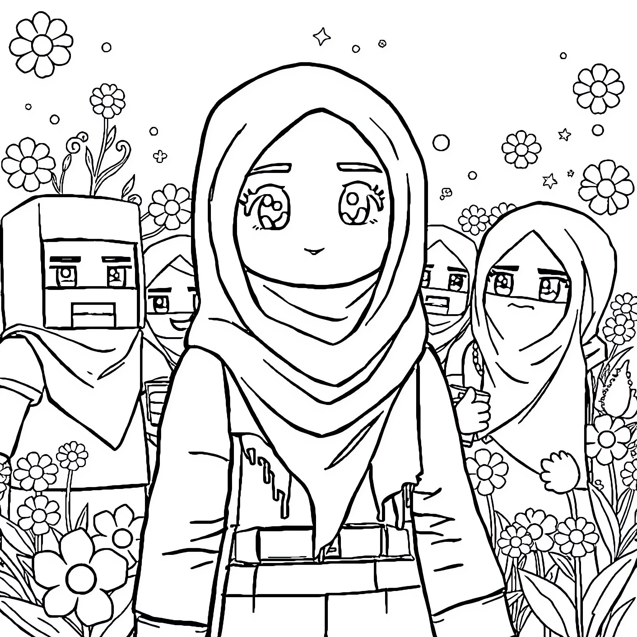 Minecraft Character in Floral Scene Coloring Page (free black-and-white line drawing printable PDF for all, from beginners to advanced learners, including children, teens, adults, and seniors)