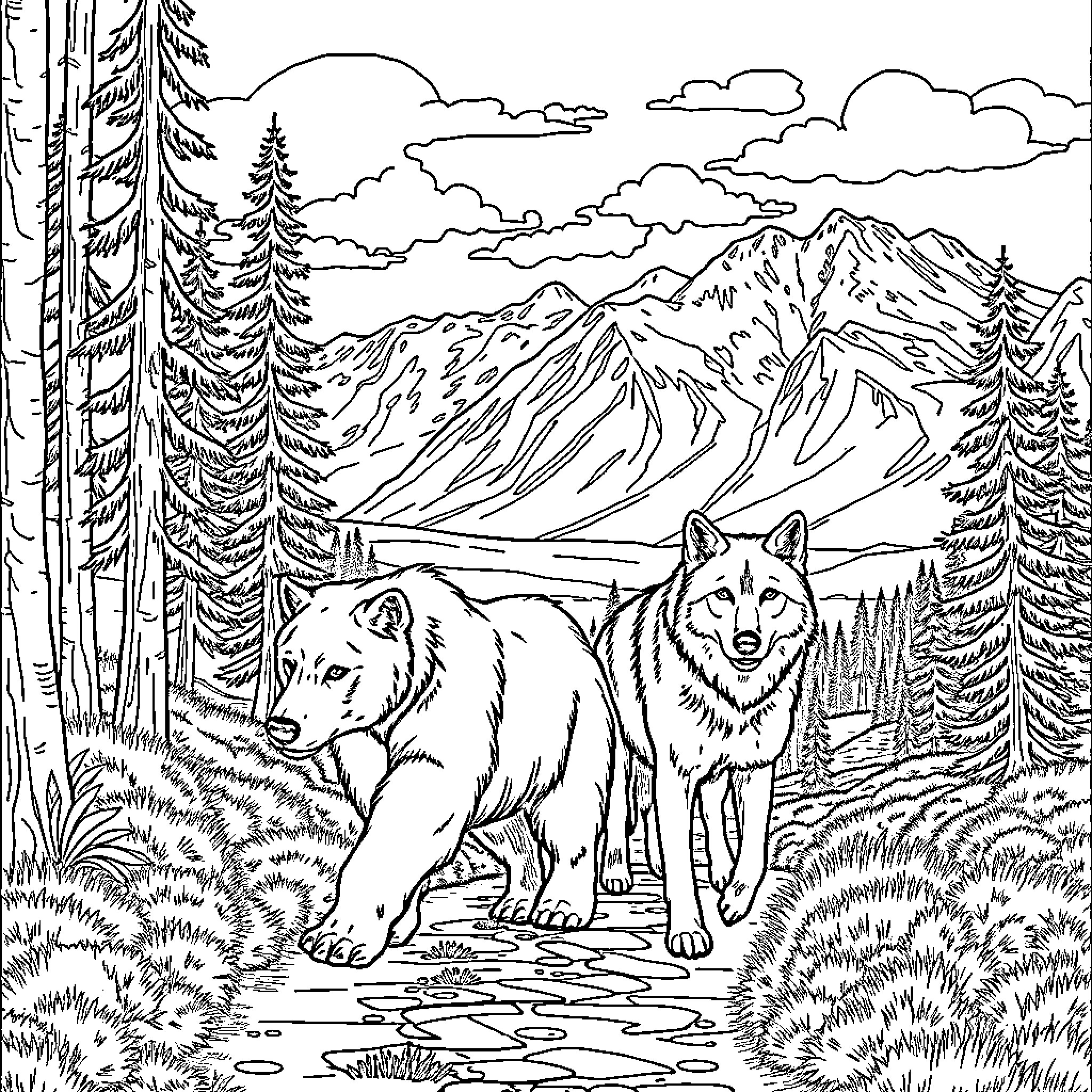 Bears in a Serene Mountain Landscape Coloring Page (free black-and-white line drawing printable PDF for all, from beginners to advanced learners, including children, teens, adults, and seniors)