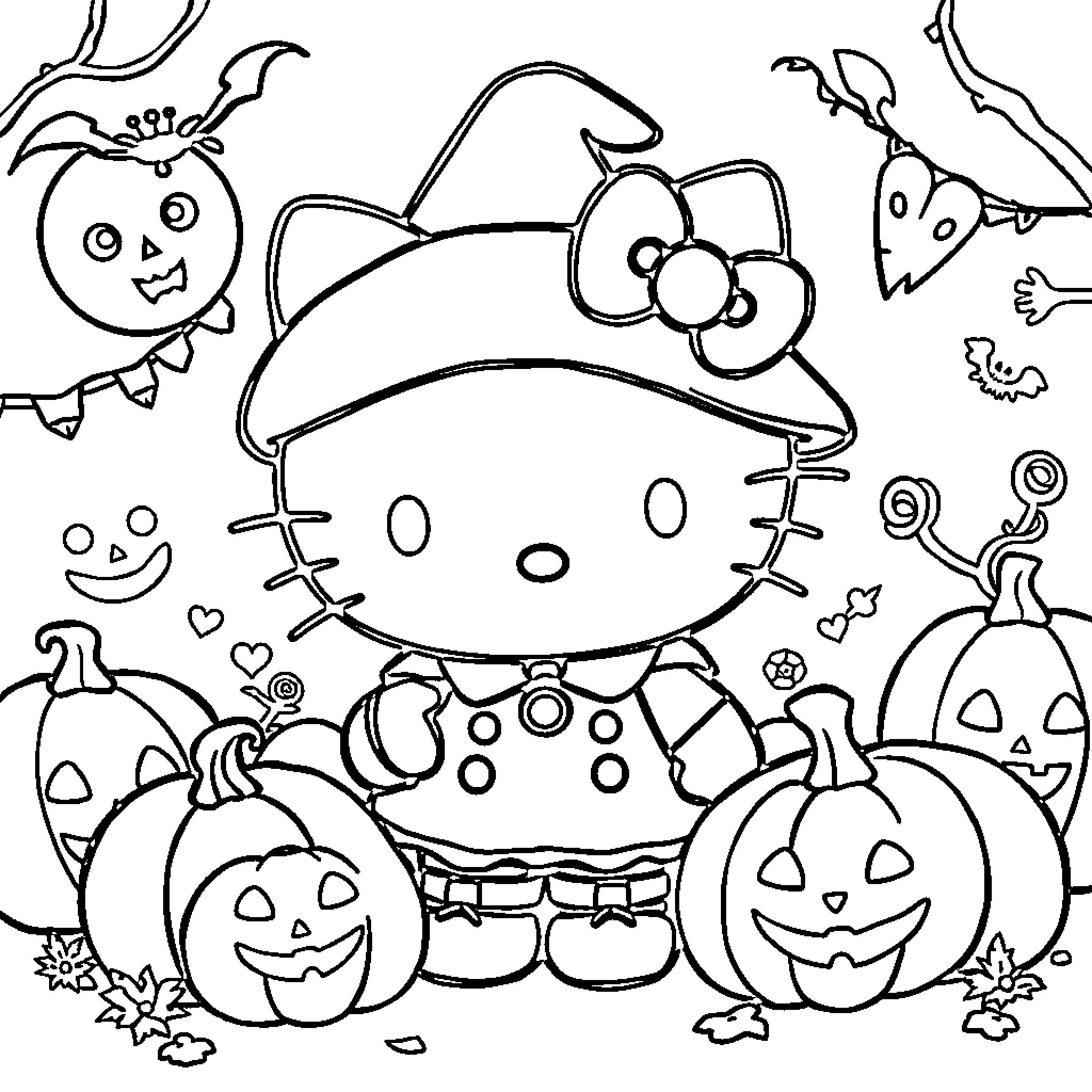 Hello Kitty playing with Halloween pumpkins and characters Coloring Page (free black-and-white line drawing printable PDF for all, from beginners to advanced learners, including children, teens, adults, and seniors)