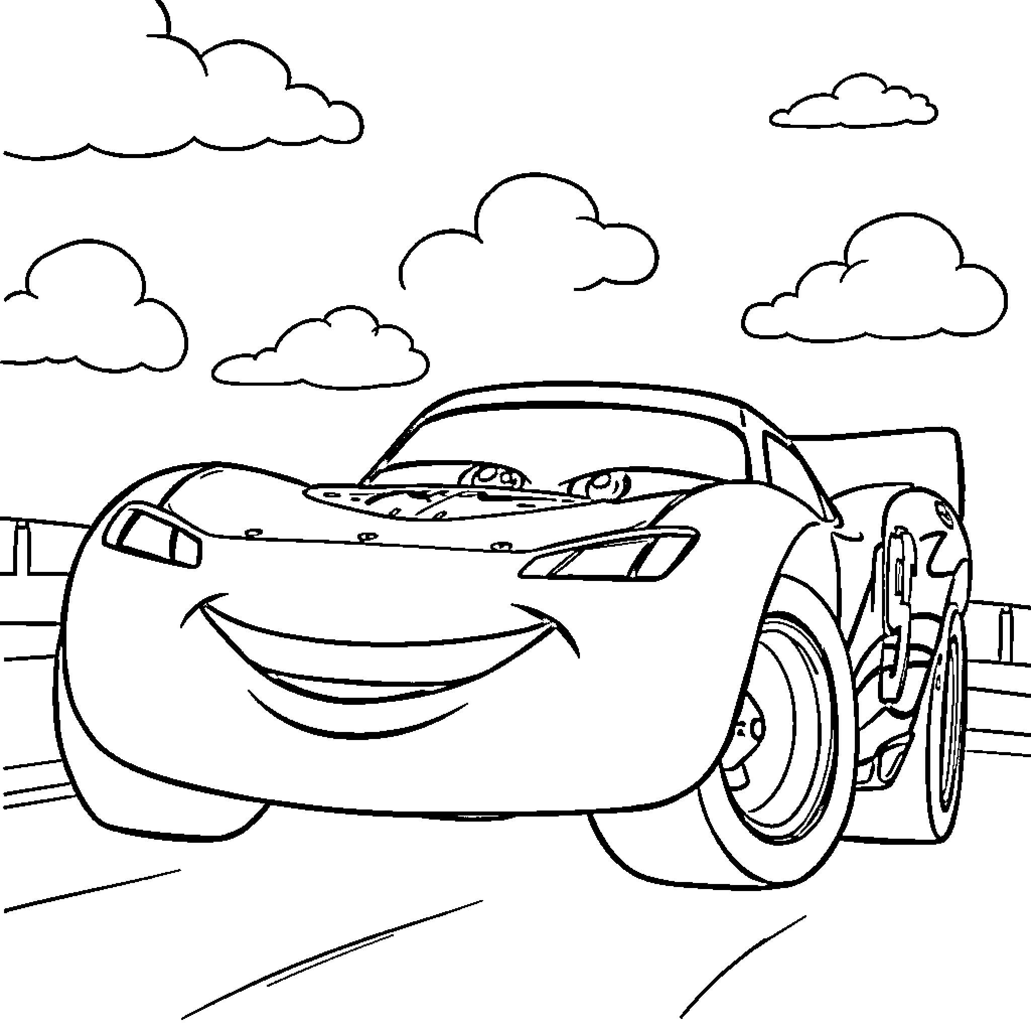 Rayo McQueen having a fun adventure on the road Coloring Page (free black-and-white line drawing printable PDF for all, from beginners to advanced learners, including children, teens, adults, and seniors)