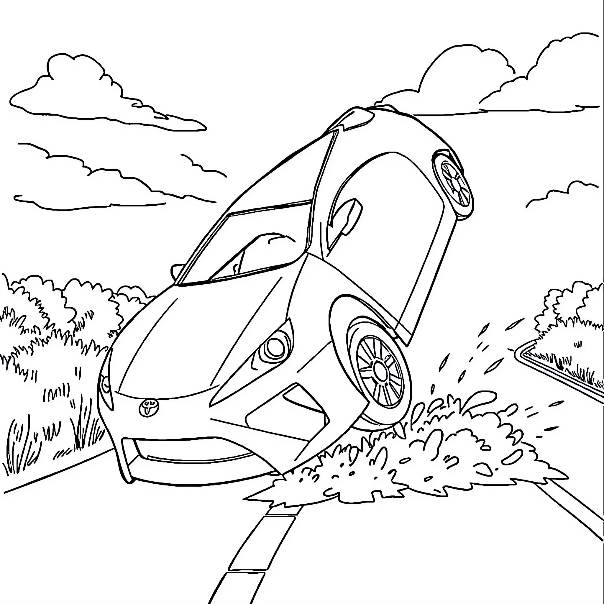 Toyota Sports Car Crashed in Field Coloring Page (free black-and-white line drawing printable PDF for all, from beginners to advanced learners, including children, teens, adults, and seniors)