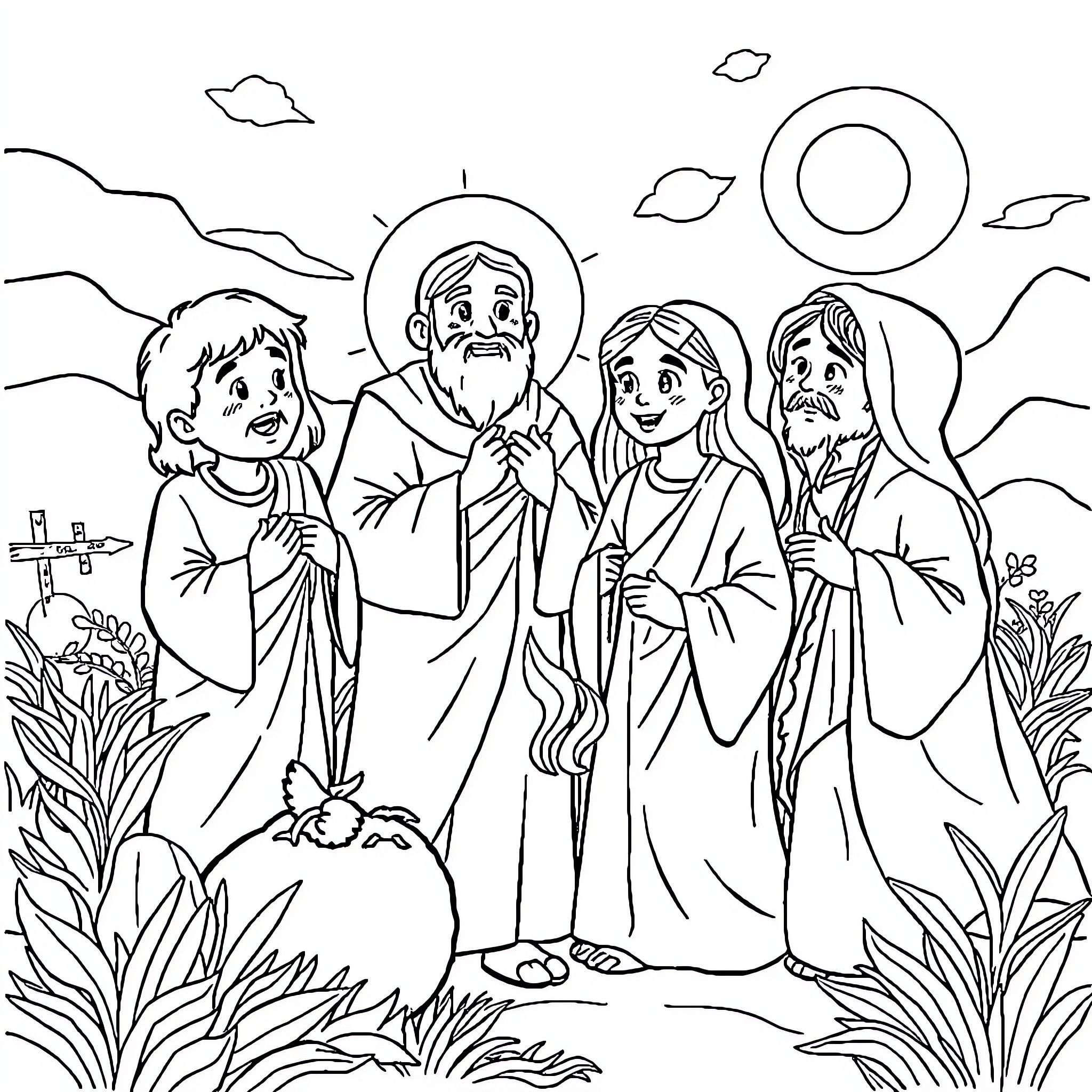 Christian family worshiping together in nature Coloring Page (free black-and-white line drawing printable PDF for all, from beginners to advanced learners, including children, teens, adults, and seniors)