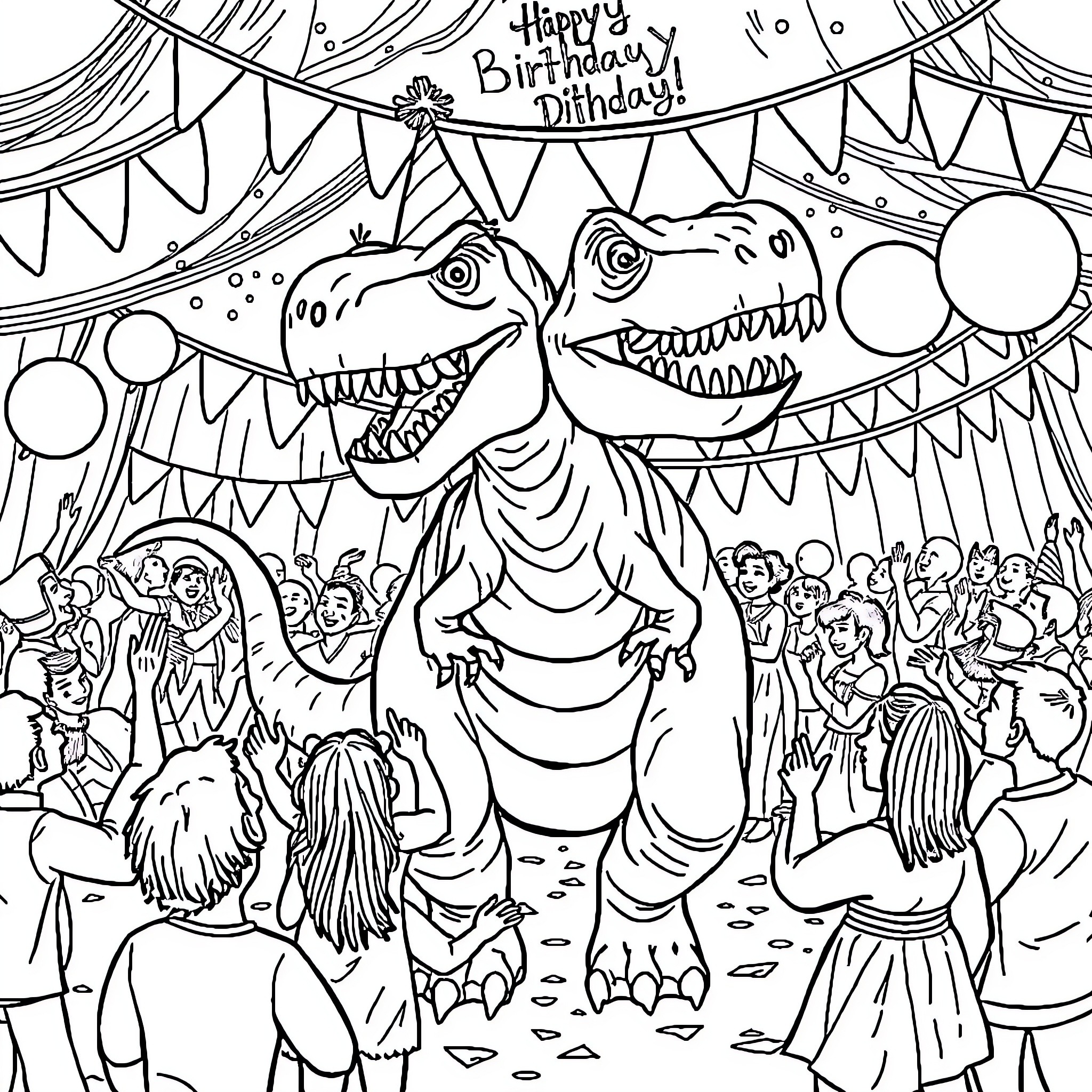 Dinosaurs Celebrate a Joyous Birthday Party Coloring Page (free black-and-white line drawing printable PDF for all, from beginners to advanced learners, including children, teens, adults, and seniors)
